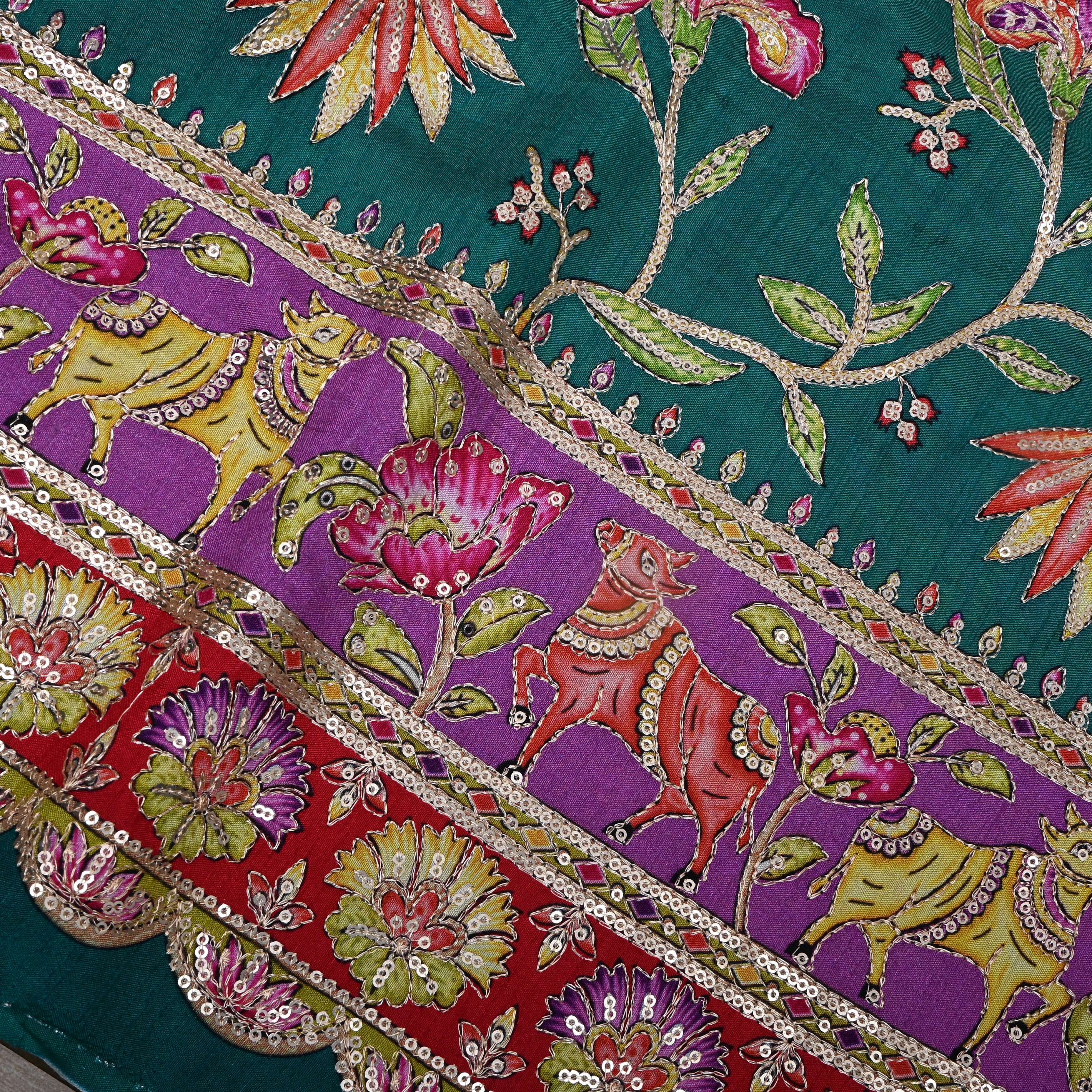 Bottle Green Multicolour Shikargah Deer Sequin Embroidery Cotton Fabric