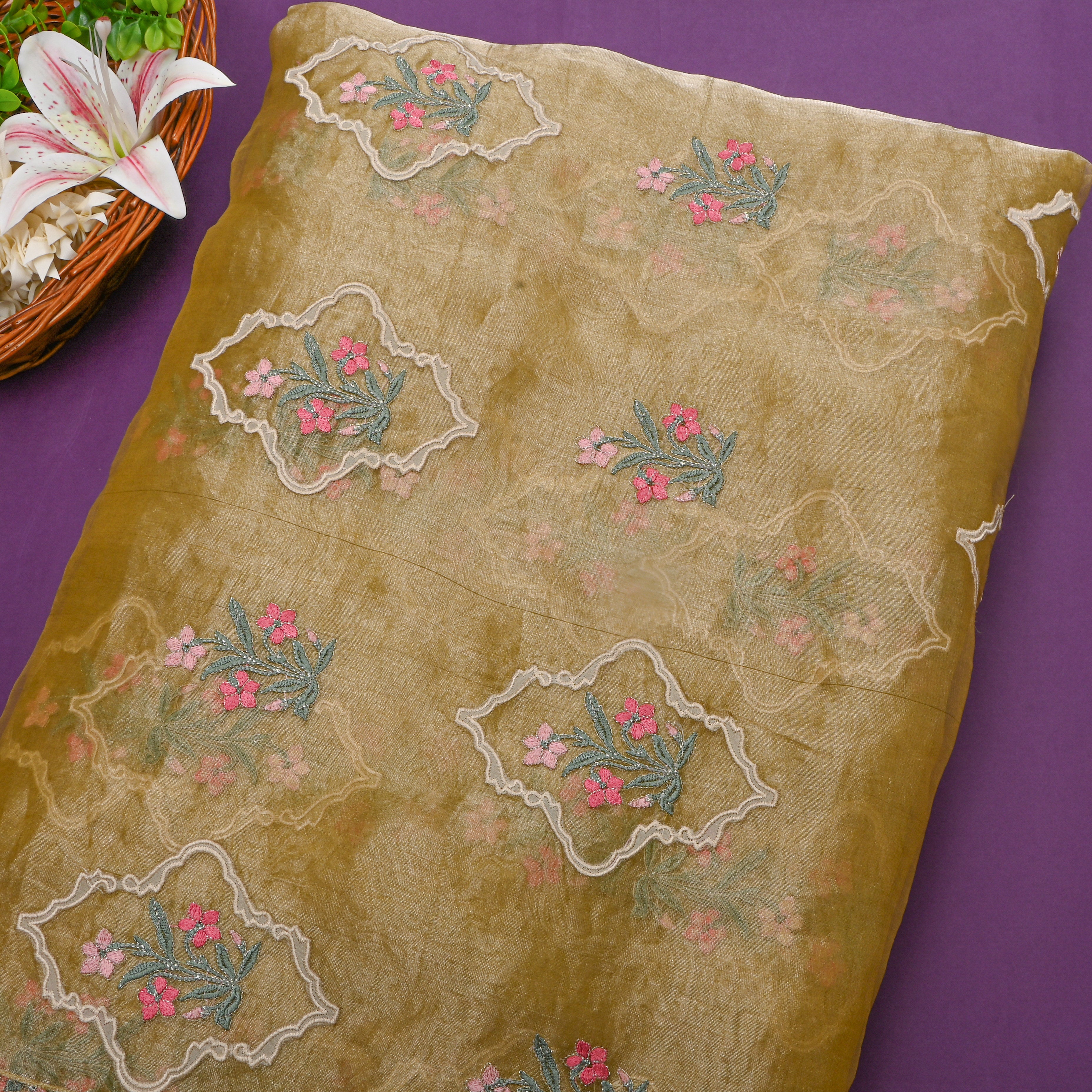 Dark Yellow Tissue Fabric With Gold Floral Thread Work