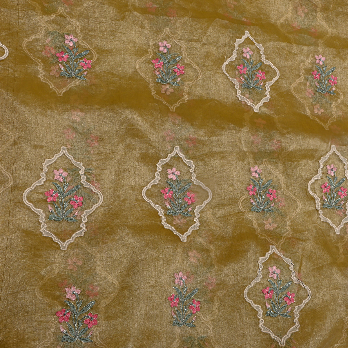 Dark Yellow Tissue Fabric With Gold Floral Thread Work