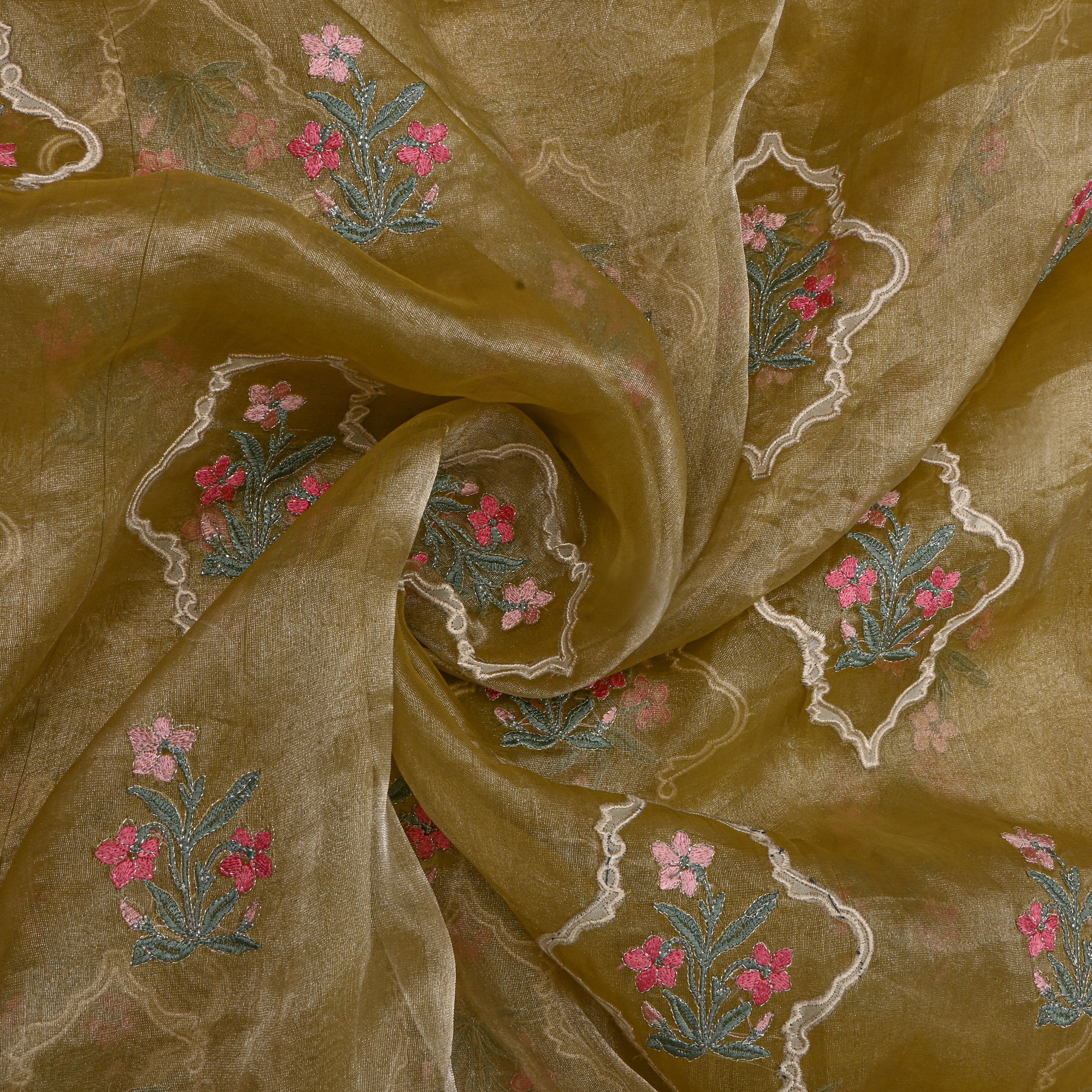 Dark Yellow Tissue Fabric With Gold Floral Thread Work