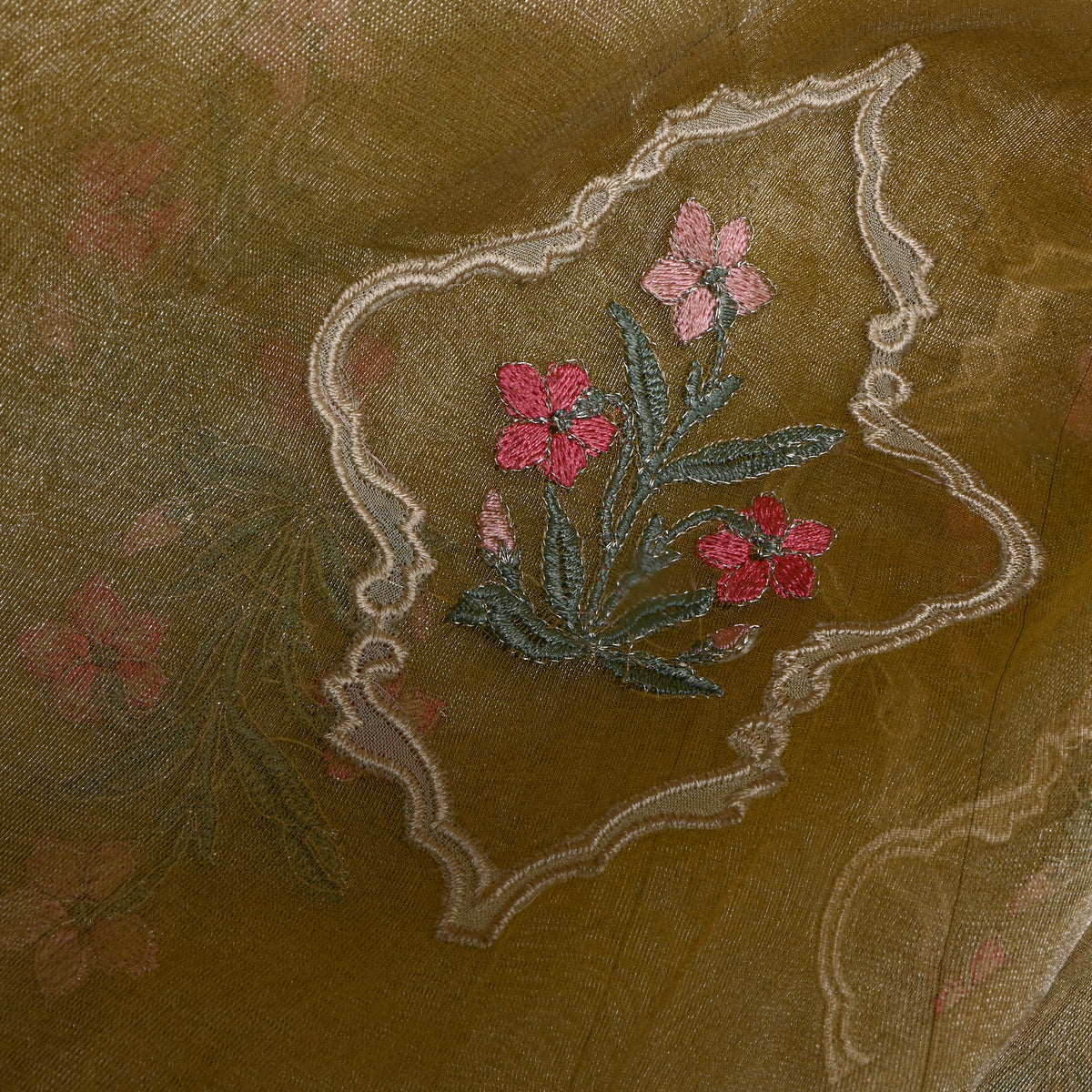 Dark Yellow Tissue Fabric With Gold Floral Thread Work