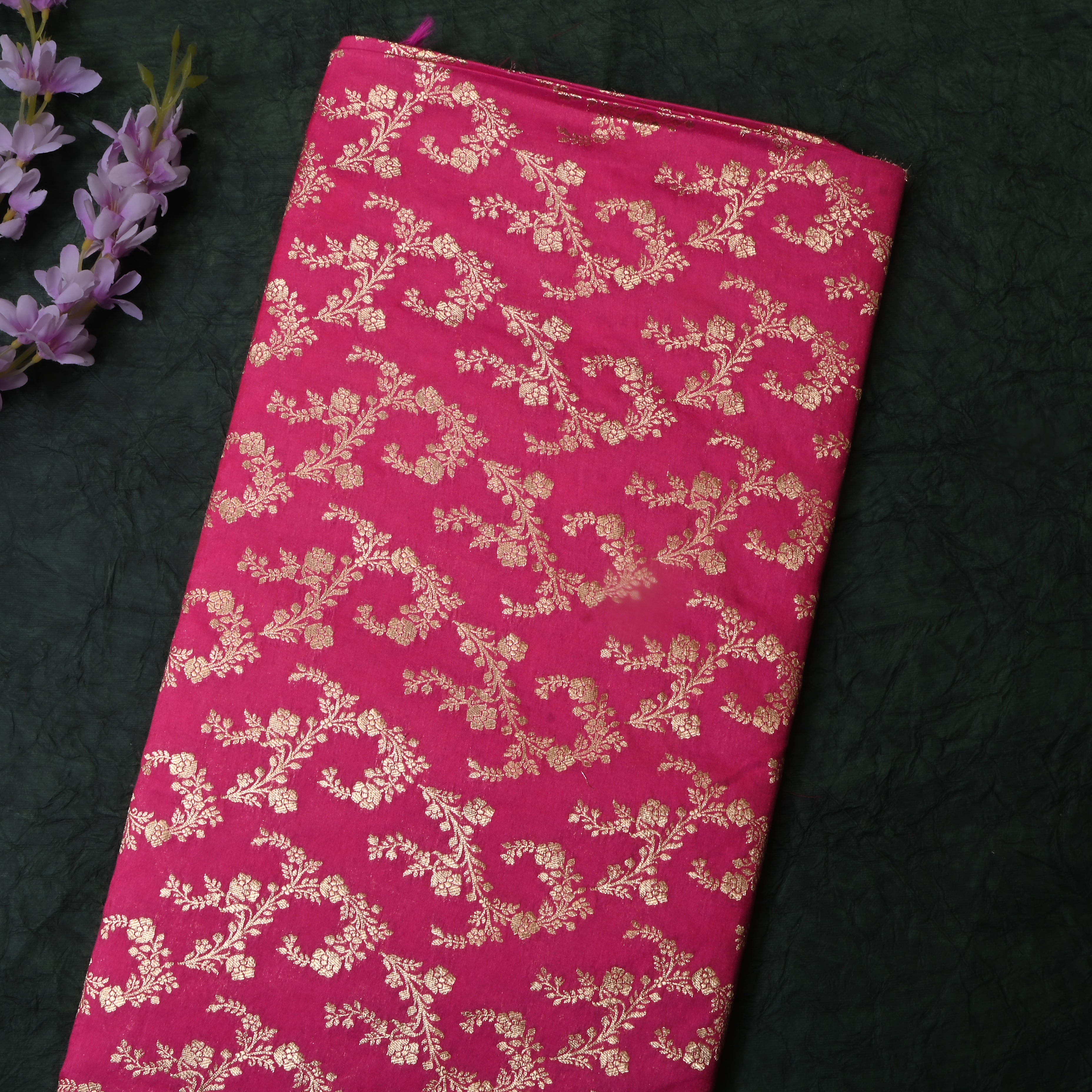 Bright Pink Floral Woven Jamawar Silk Fabric