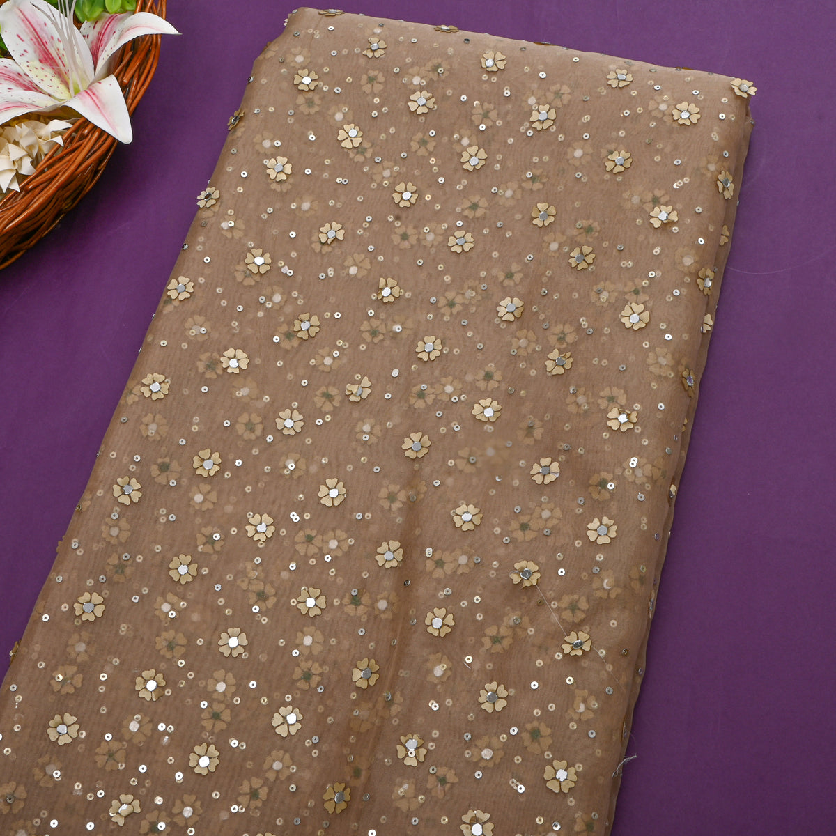 Beige Gold Floral Embroidered Organza Fabric