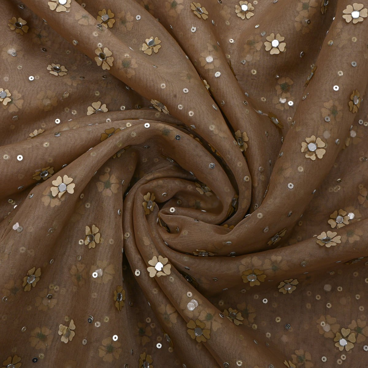 Beige Gold Floral Embroidered Organza Fabric