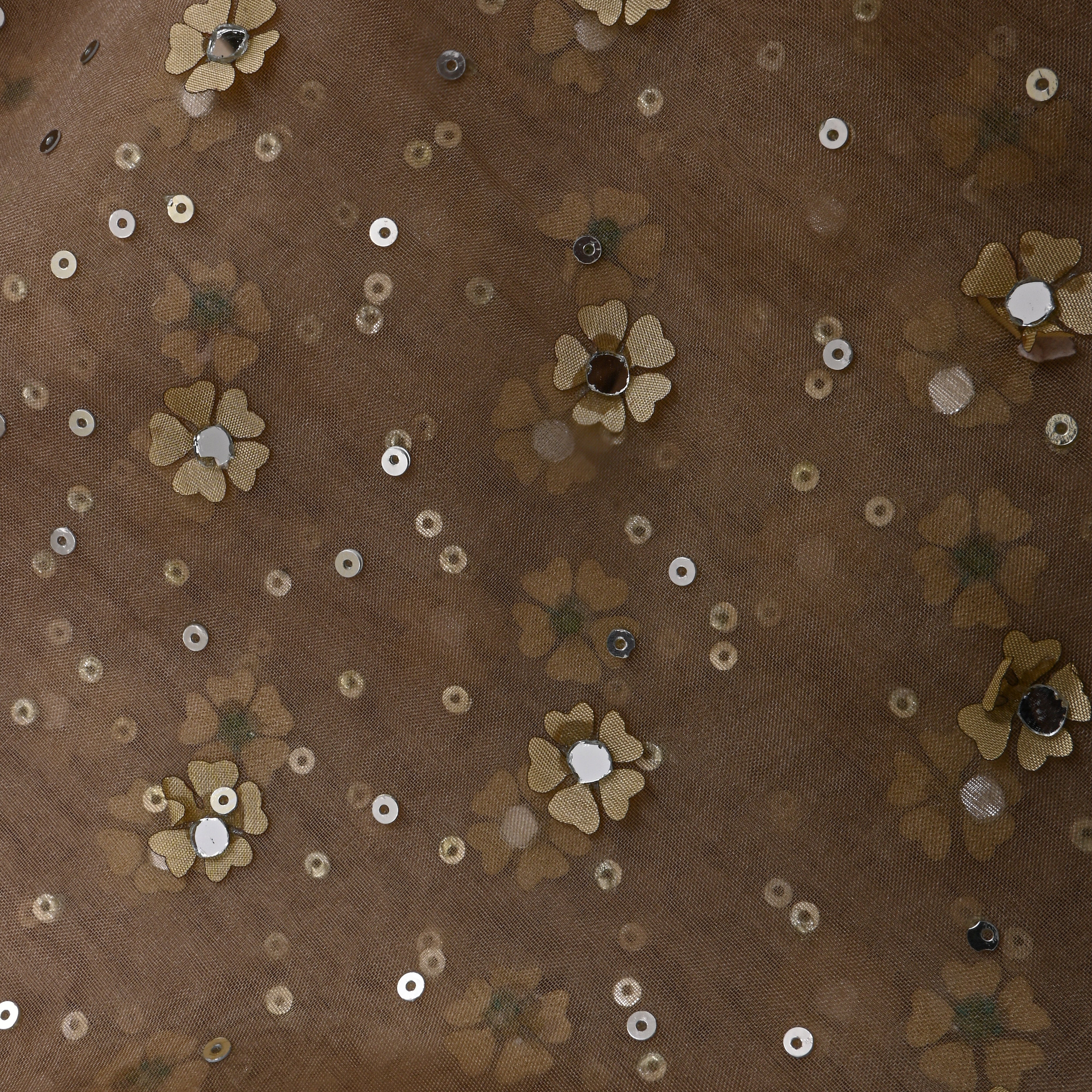 Beige Gold Floral Embroidered Organza Fabric