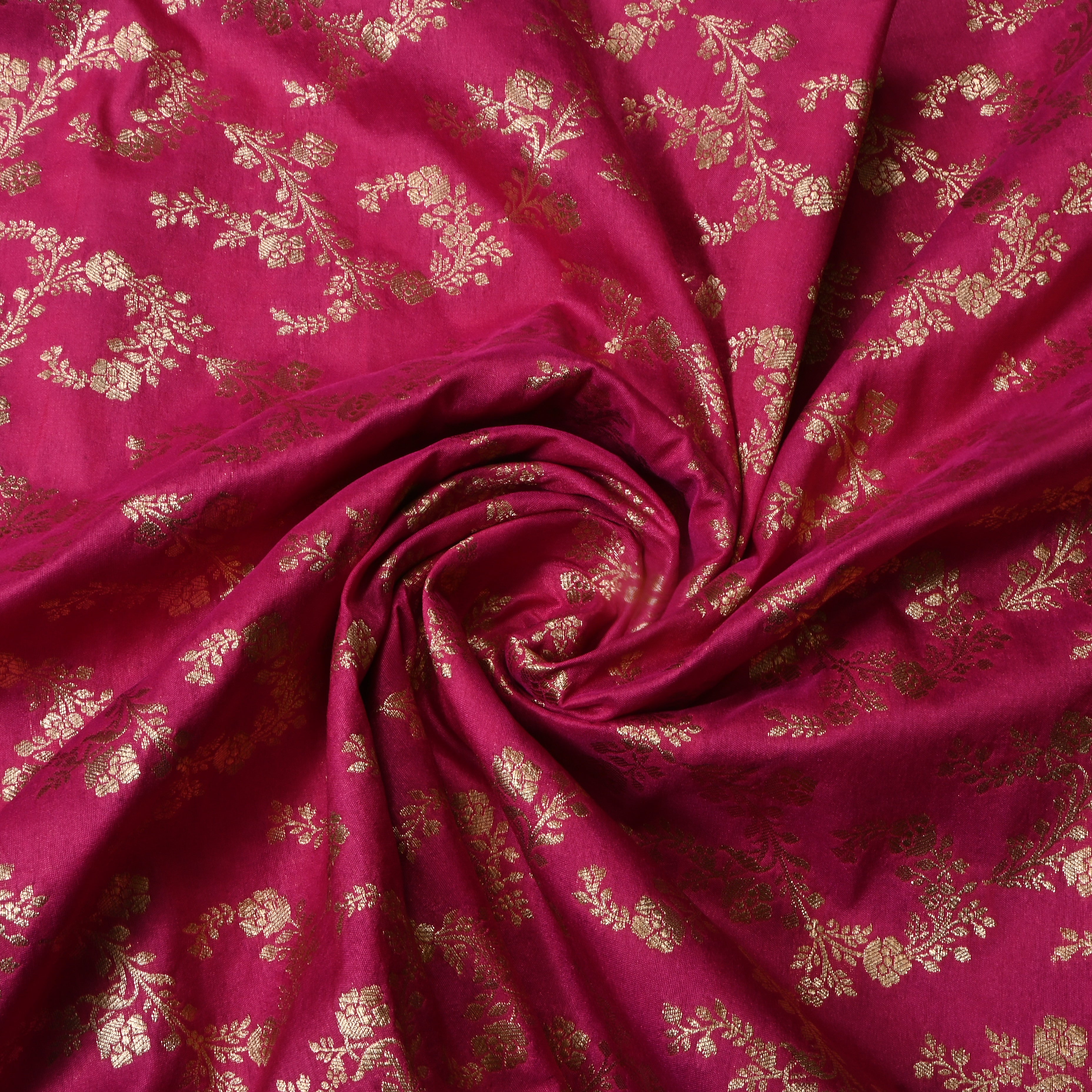 Bright Pink Floral Woven Jamawar Silk Fabric