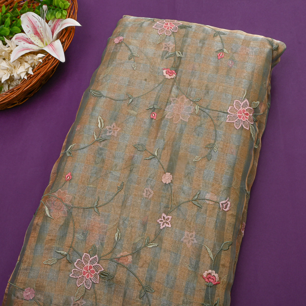 Light Gray Tissue Fabric With Checks And Floral Embellishment