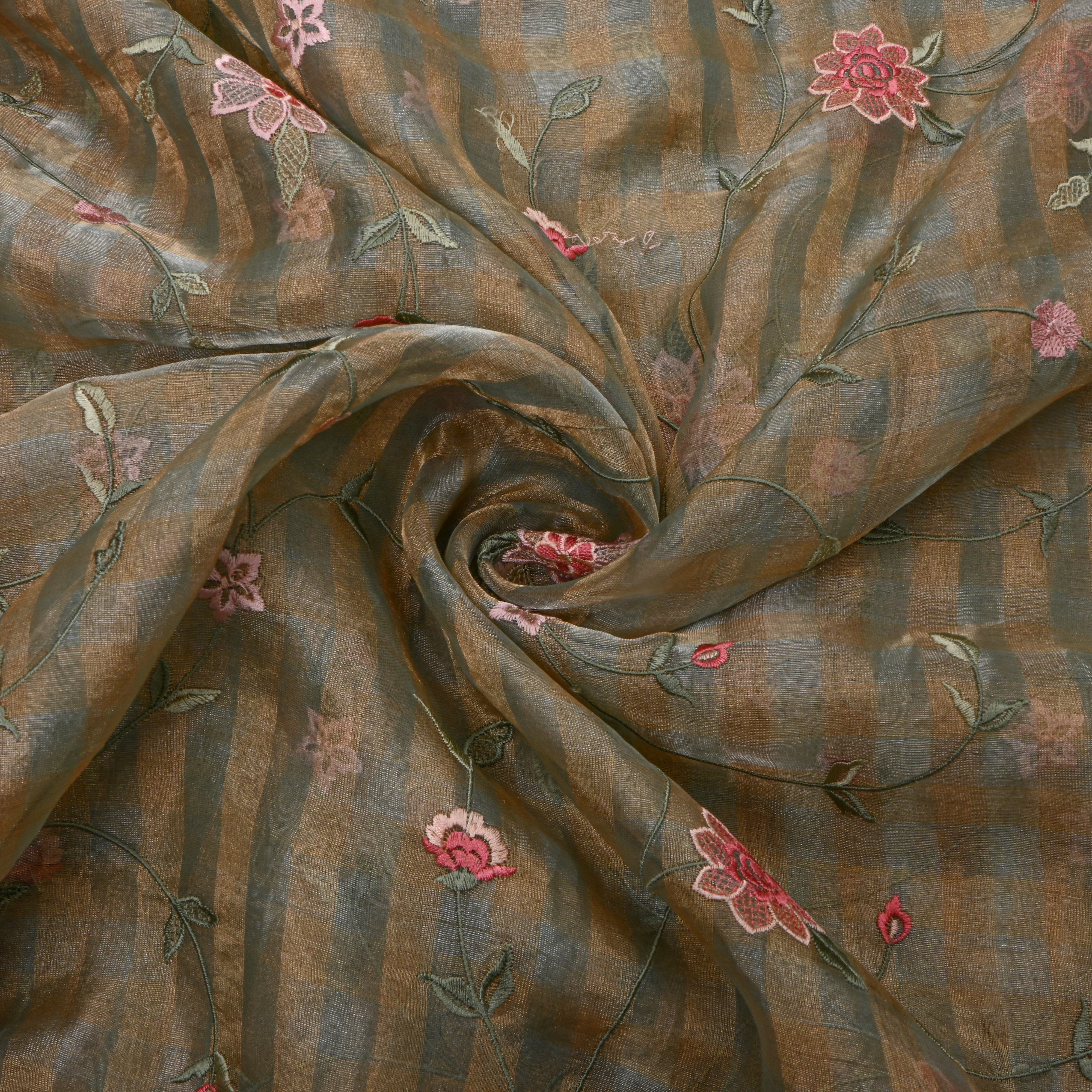 Light Gray Tissue Fabric With Checks And Floral Embellishment