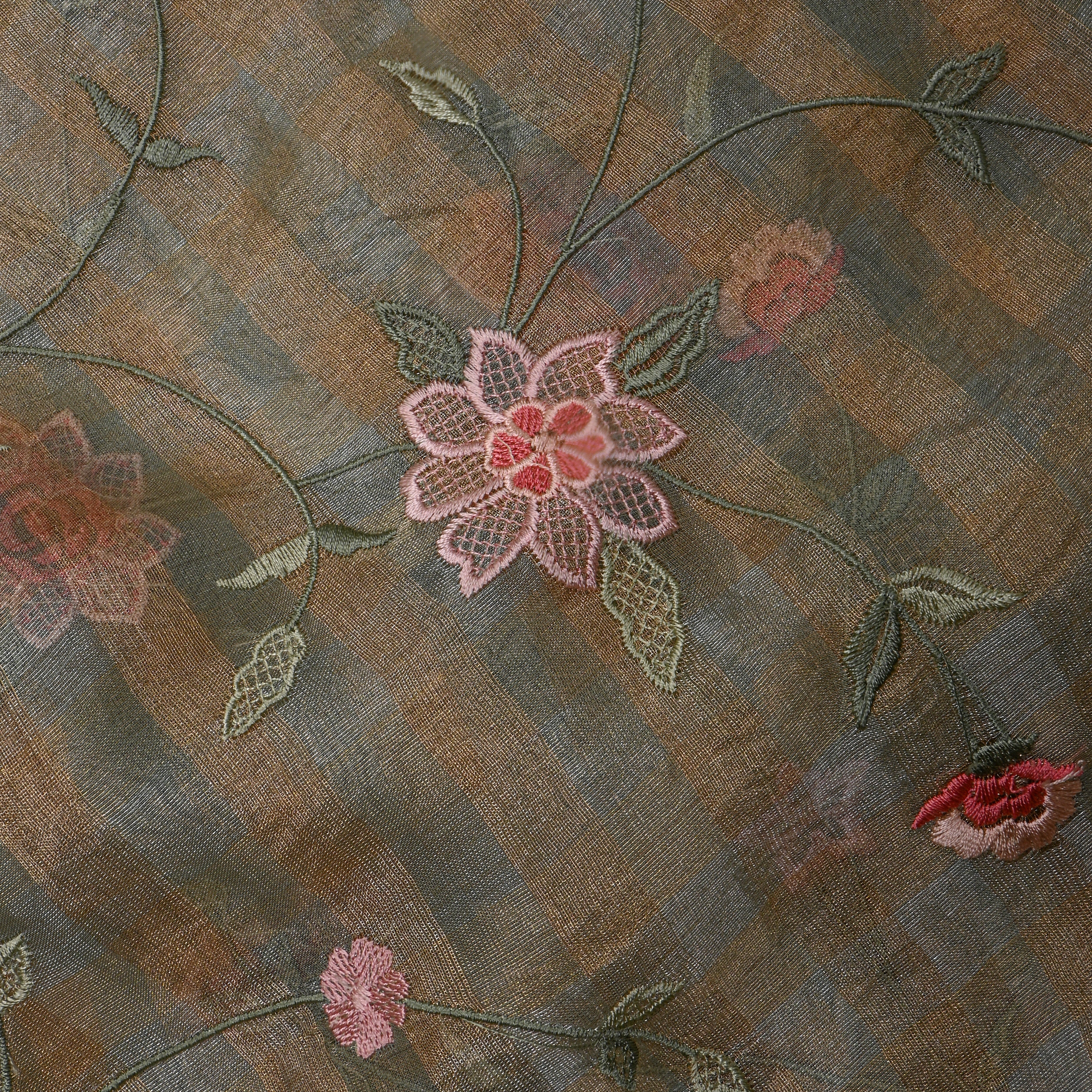 Light Gray Tissue Fabric With Checks And Floral Embellishment