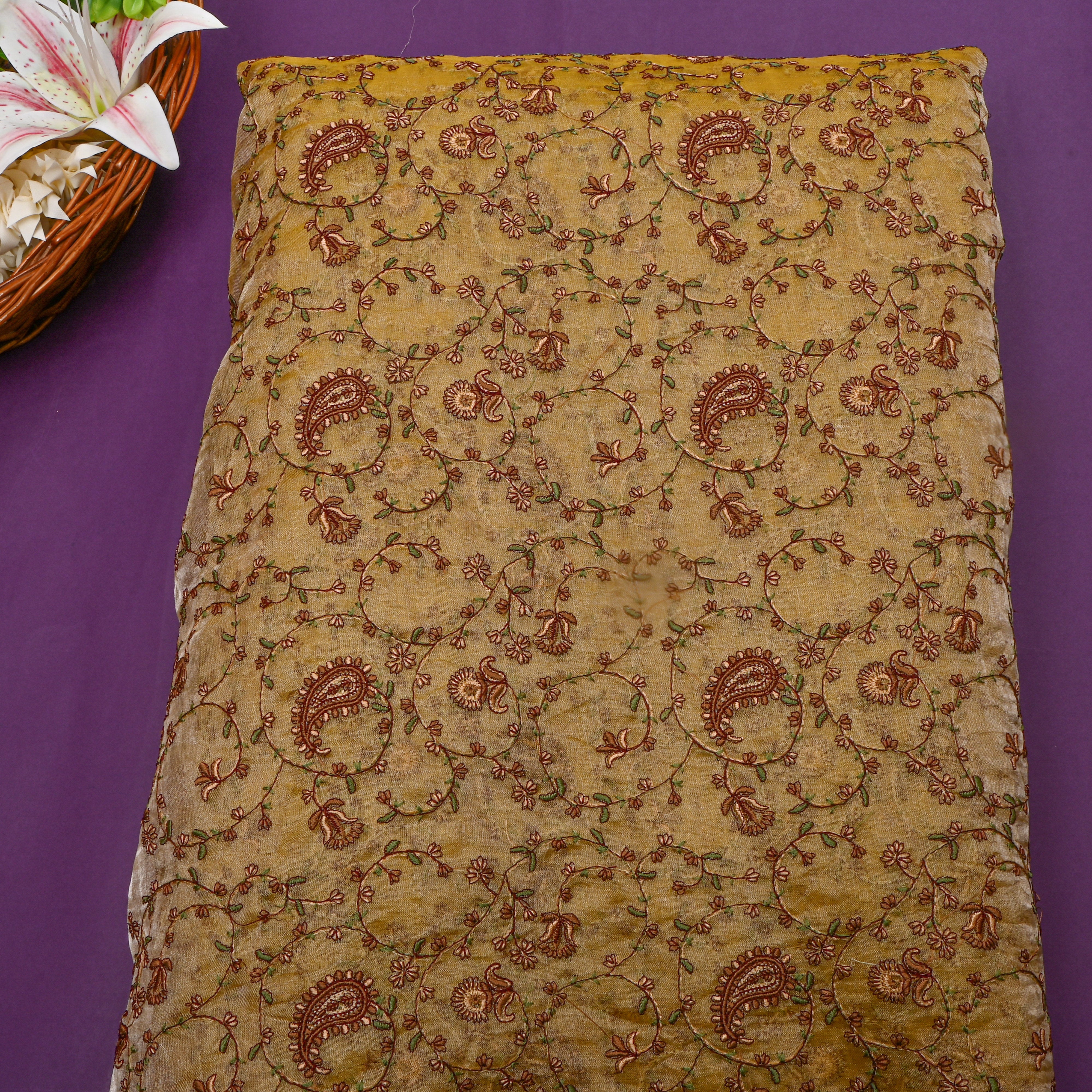 Golden Beige Floral Thread Work Embroidery Tissue Fabric