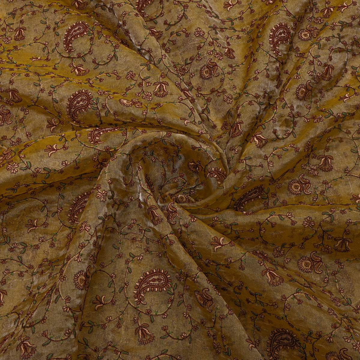 Golden Beige Floral Thread Work Embroidery Tissue Fabric