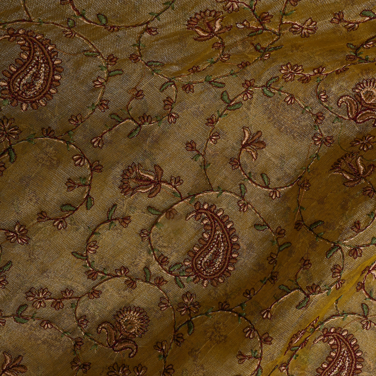 Golden Beige Floral Thread Work Embroidery Tissue Fabric