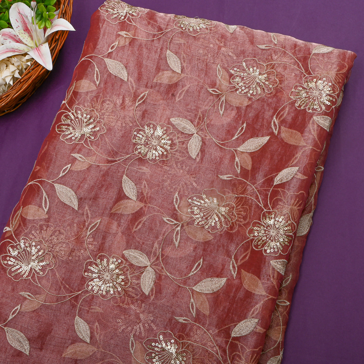 Rust Pink Zari Floral Thread Embroidered Tissue