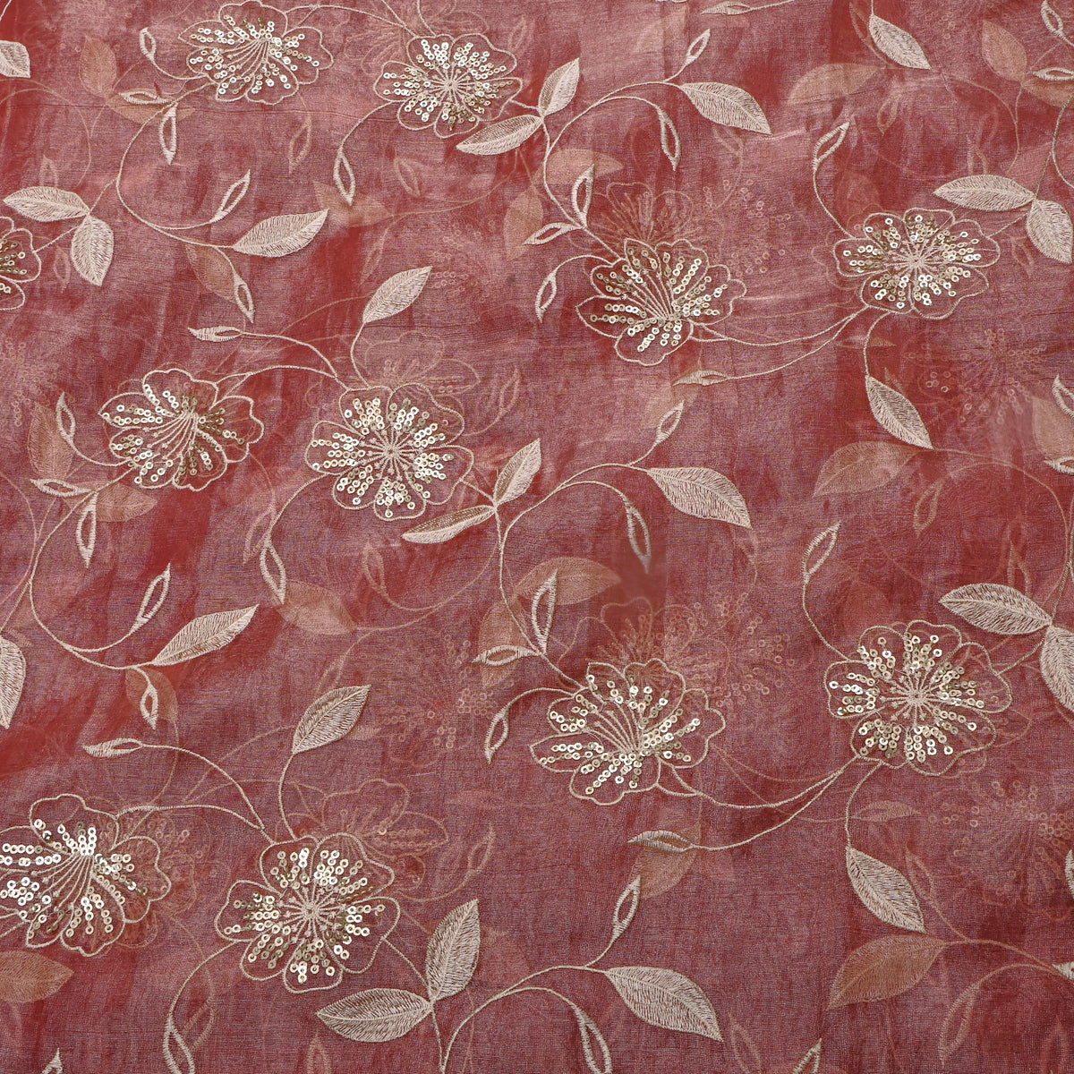 Rust Pink Zari Floral Thread Embroidered Tissue