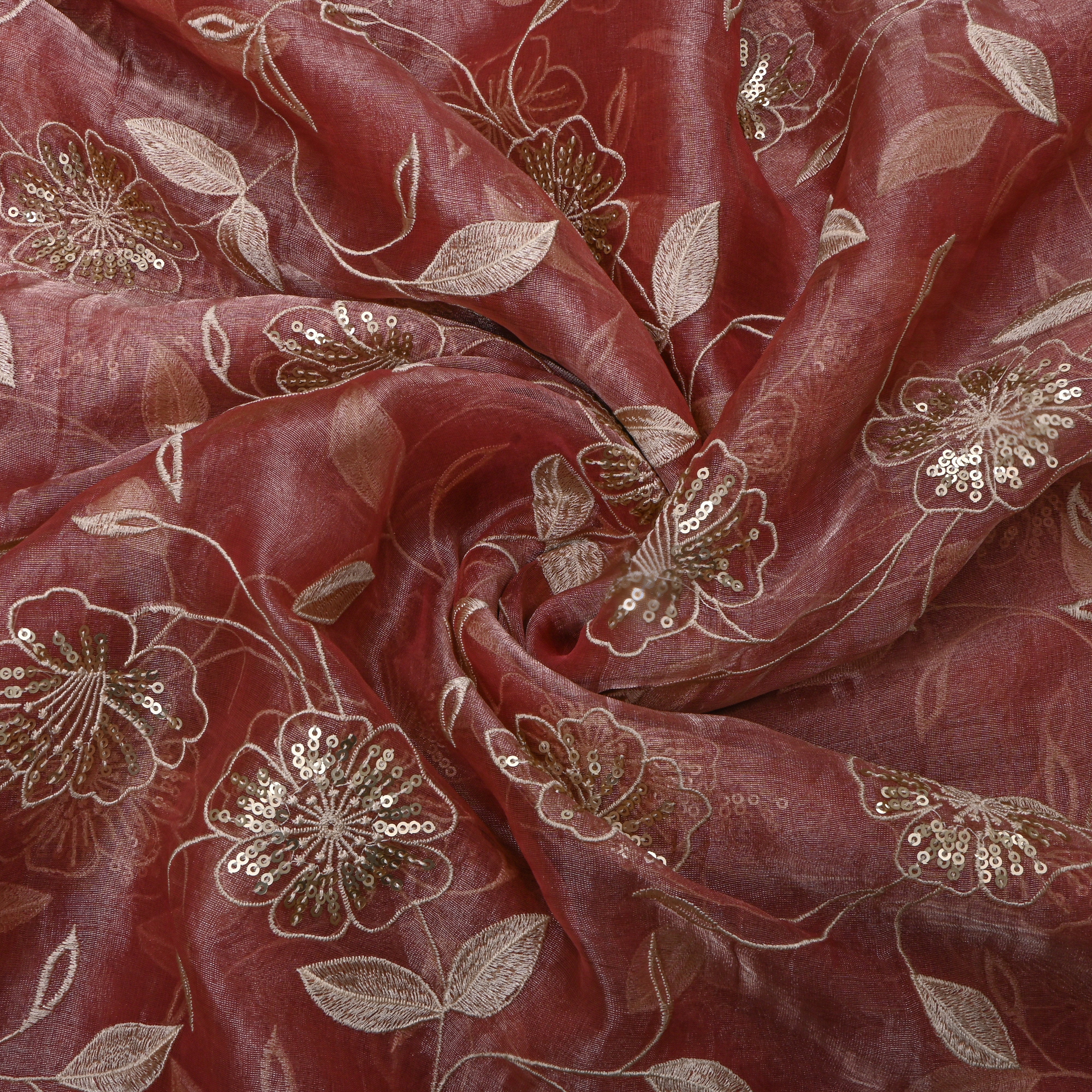 Rust Pink Zari Floral Thread Embroidered Tissue