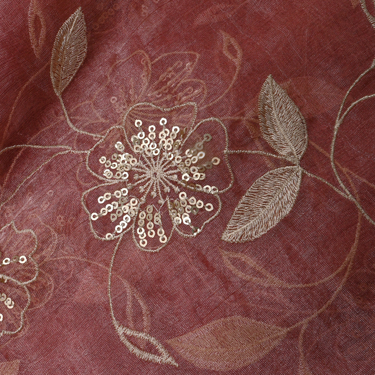 Rust Pink Zari Floral Thread Embroidered Tissue