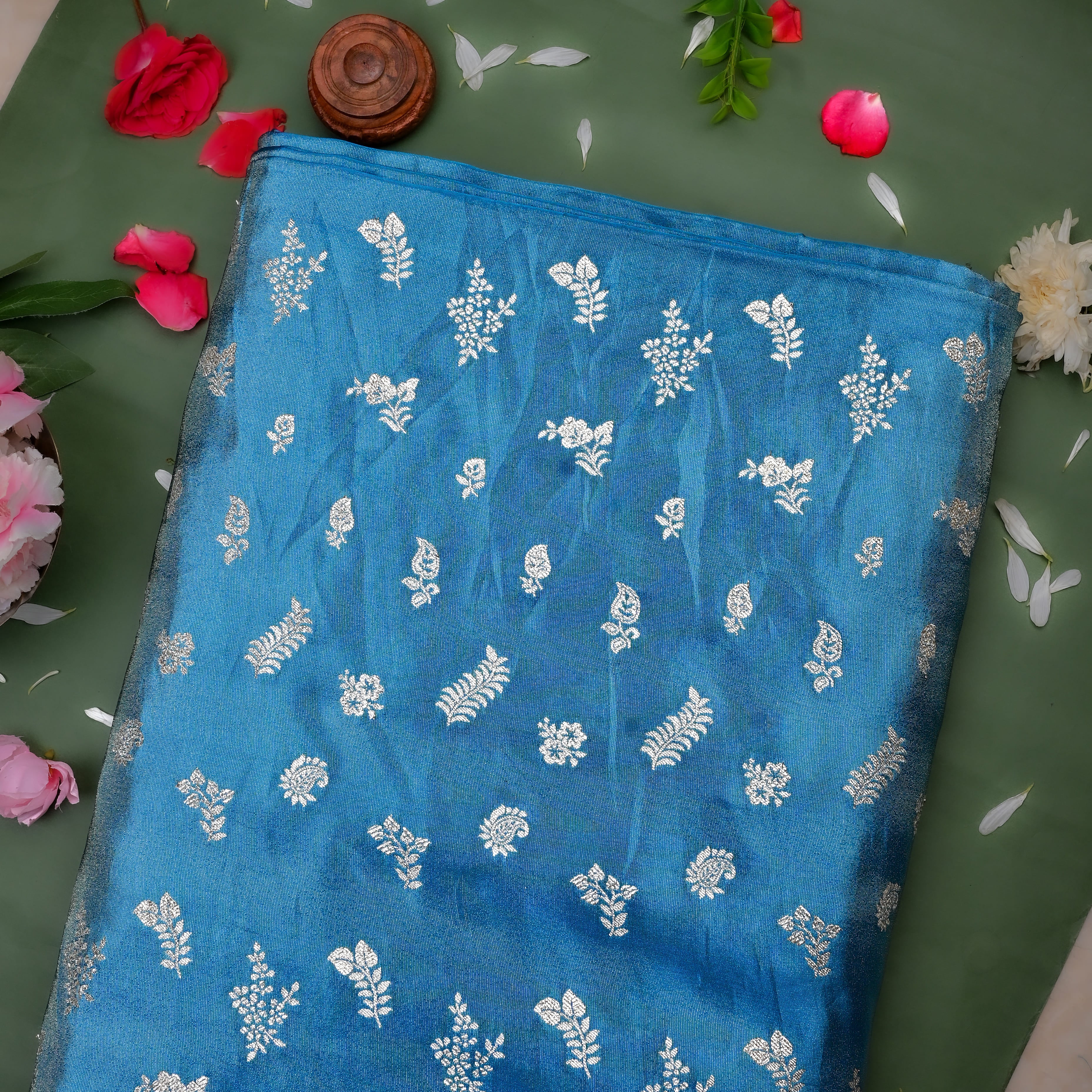 Tufts Blue Jamawar Tissue Fabric With Designer Border