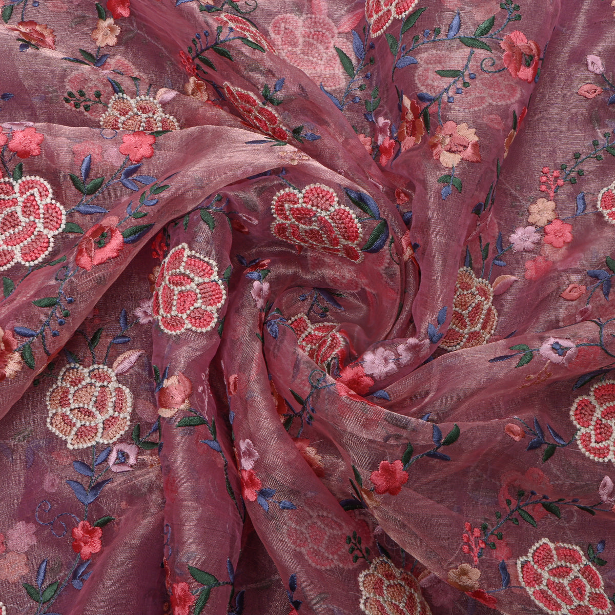 Dark Pink Tissue Fabric With Gold Floral Jaal