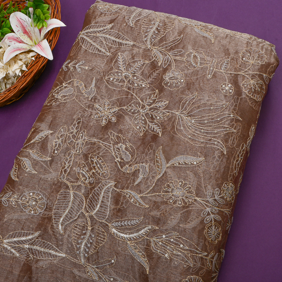 Earthy Brown With Sequin Floral Thread Work Tissue Fabric