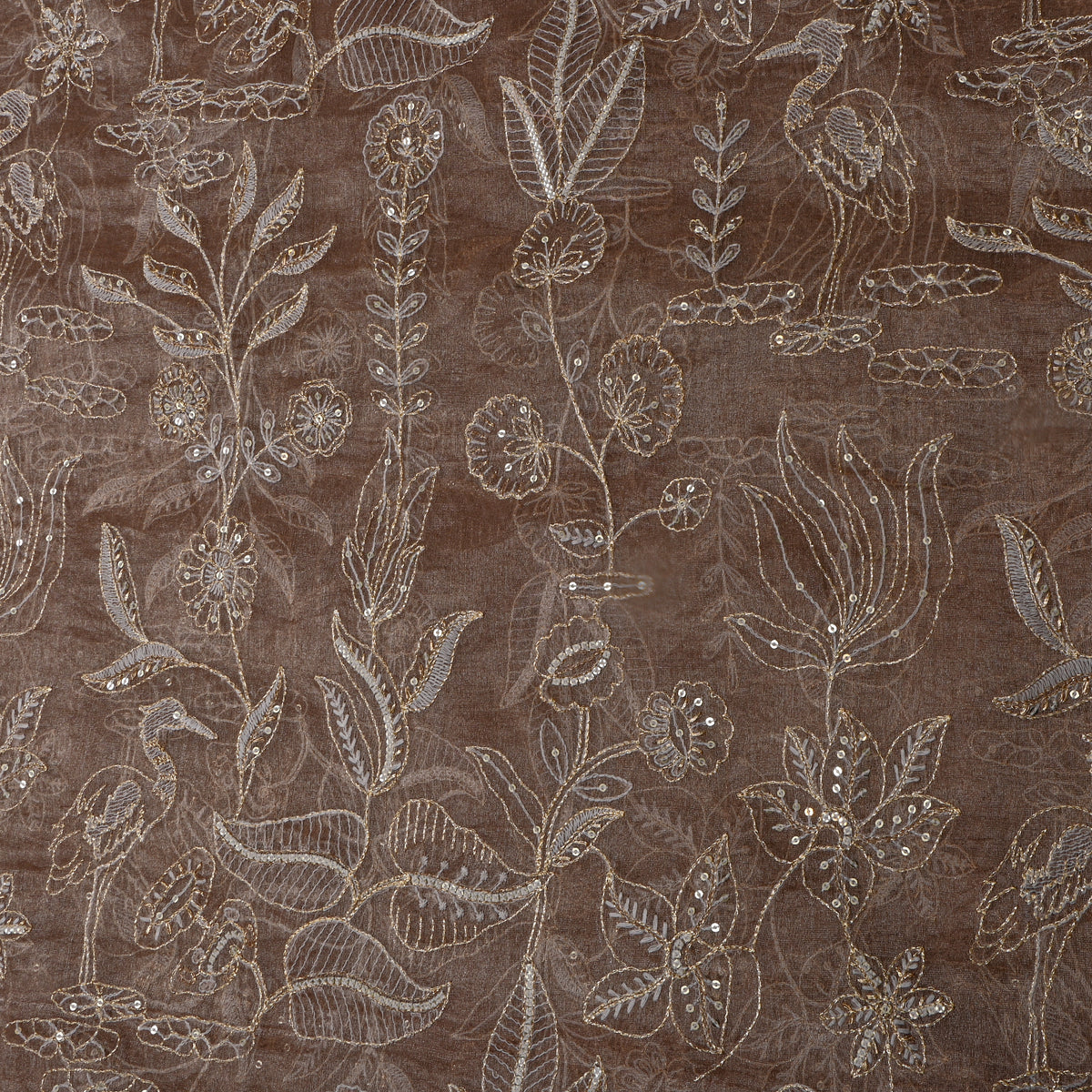 Earthy Brown With Sequin Floral Thread Work Tissue Fabric