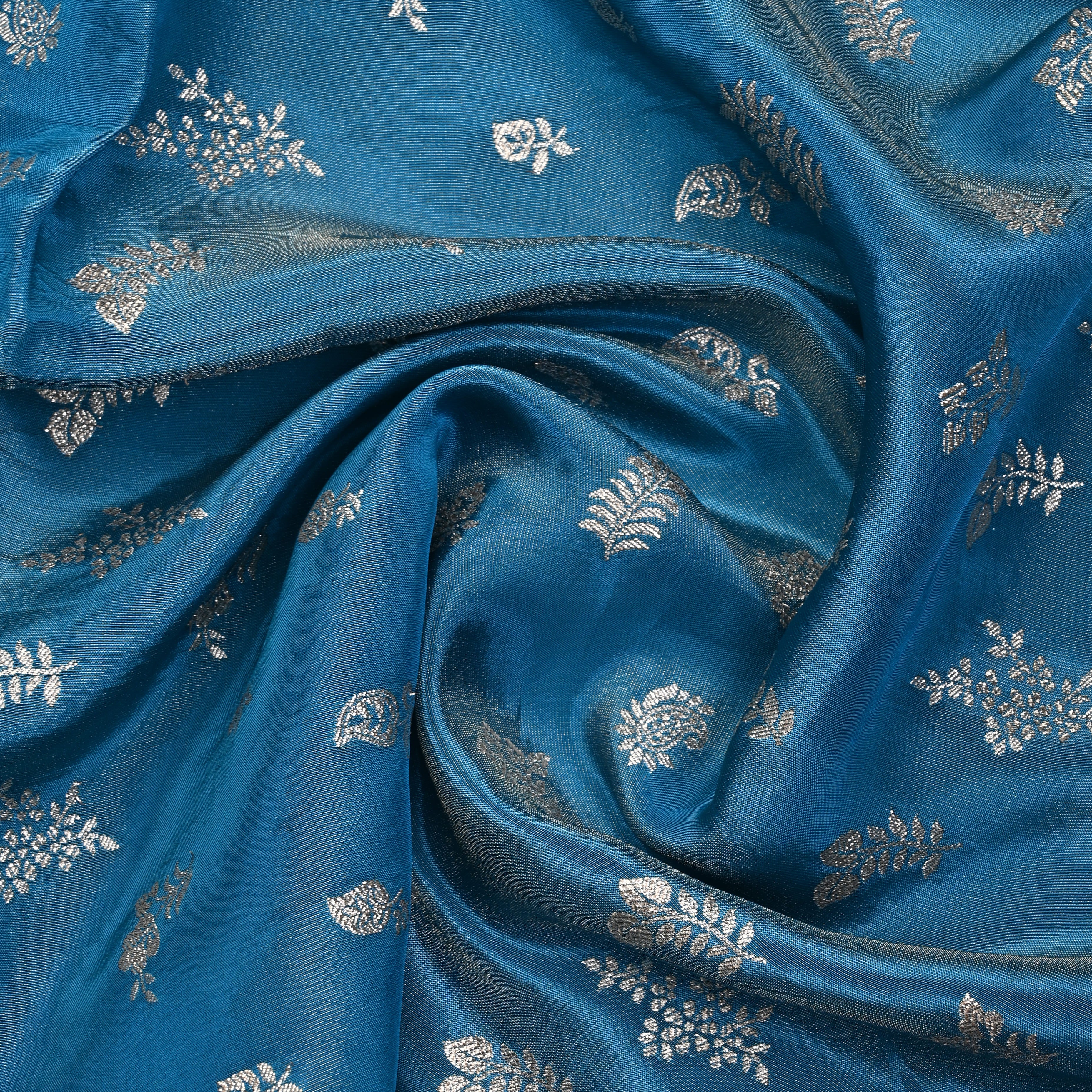 Tufts Blue Jamawar Tissue Fabric With Designer Border