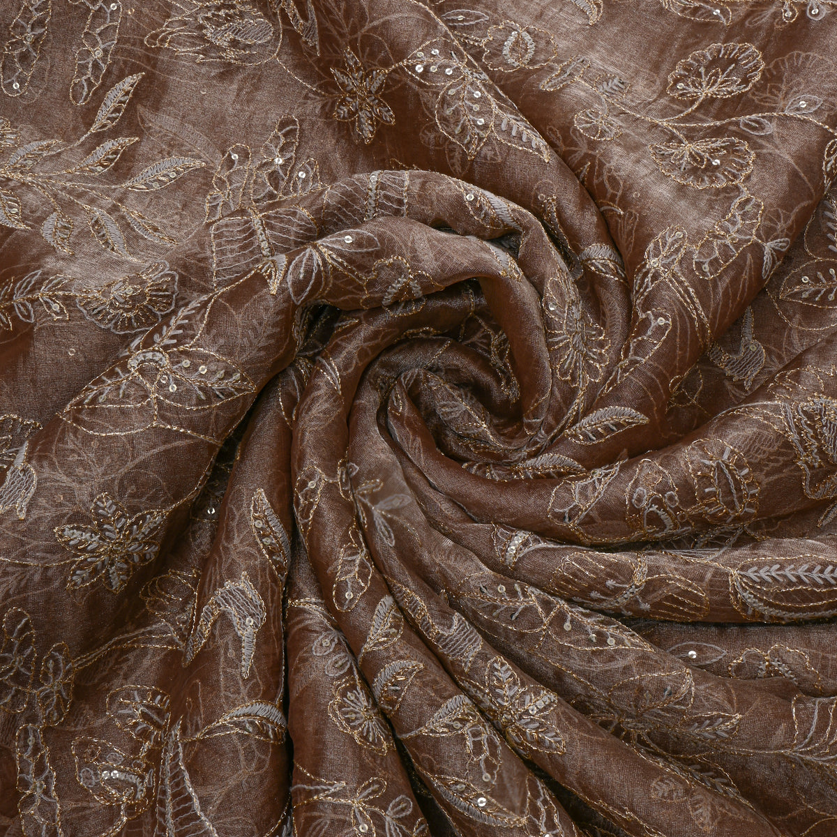 Earthy Brown With Sequin Floral Thread Work Tissue Fabric
