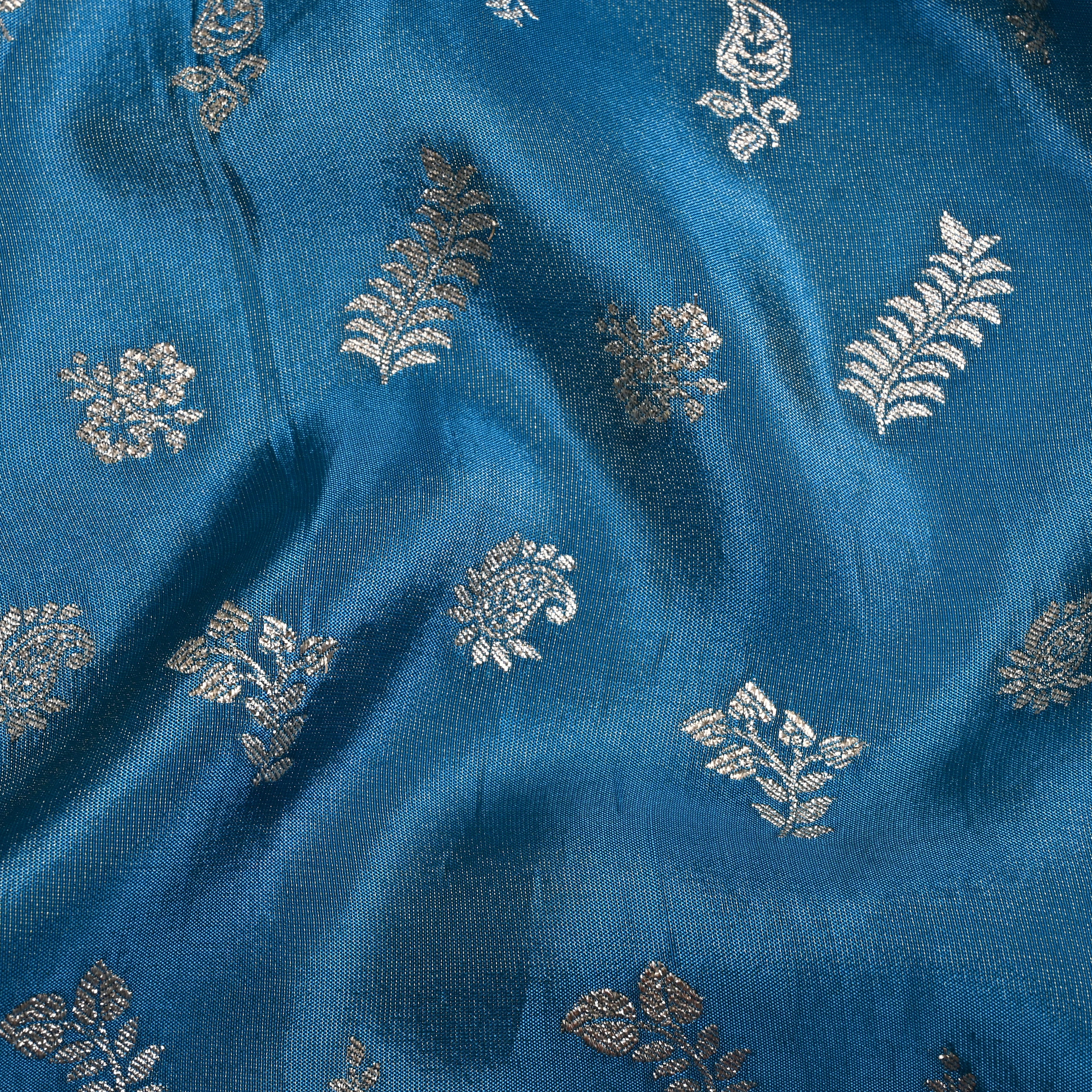 Tufts Blue Jamawar Tissue Fabric With Designer Border