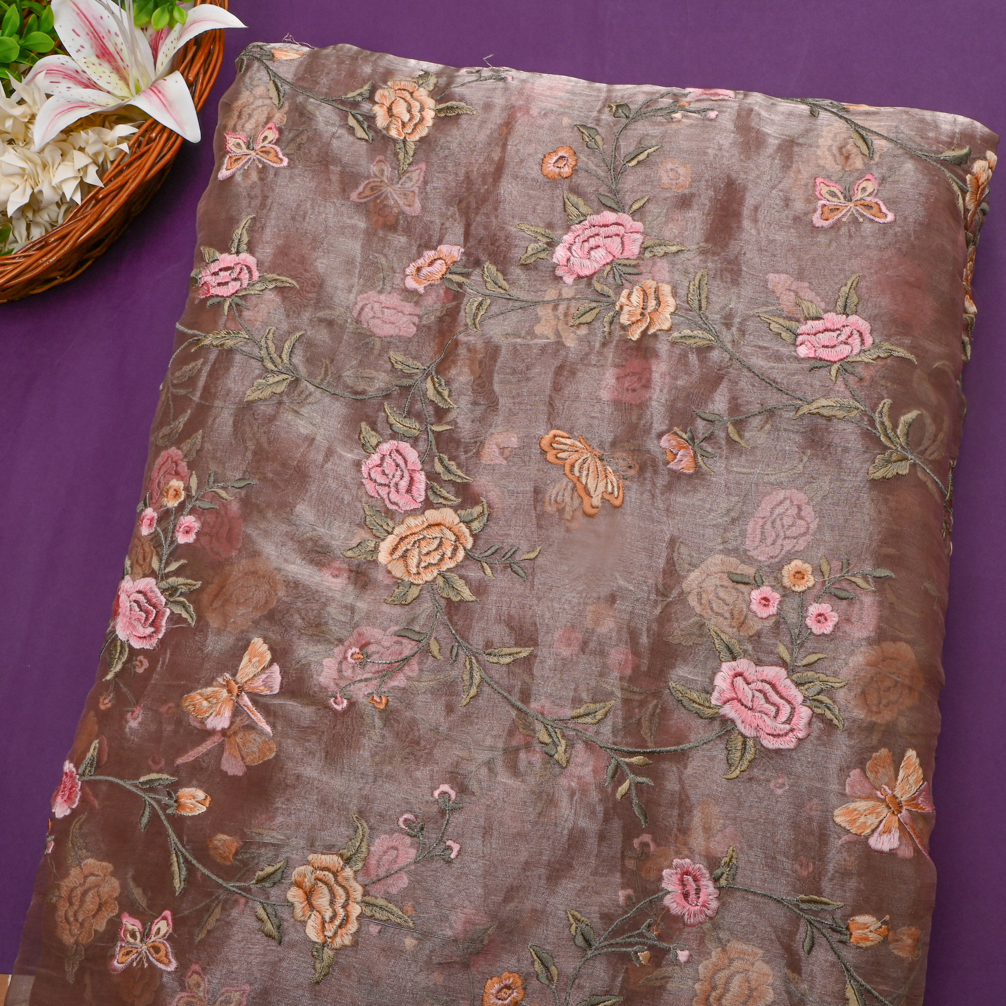 Brown Metallic Meenakari Floral Embroidered Tissue