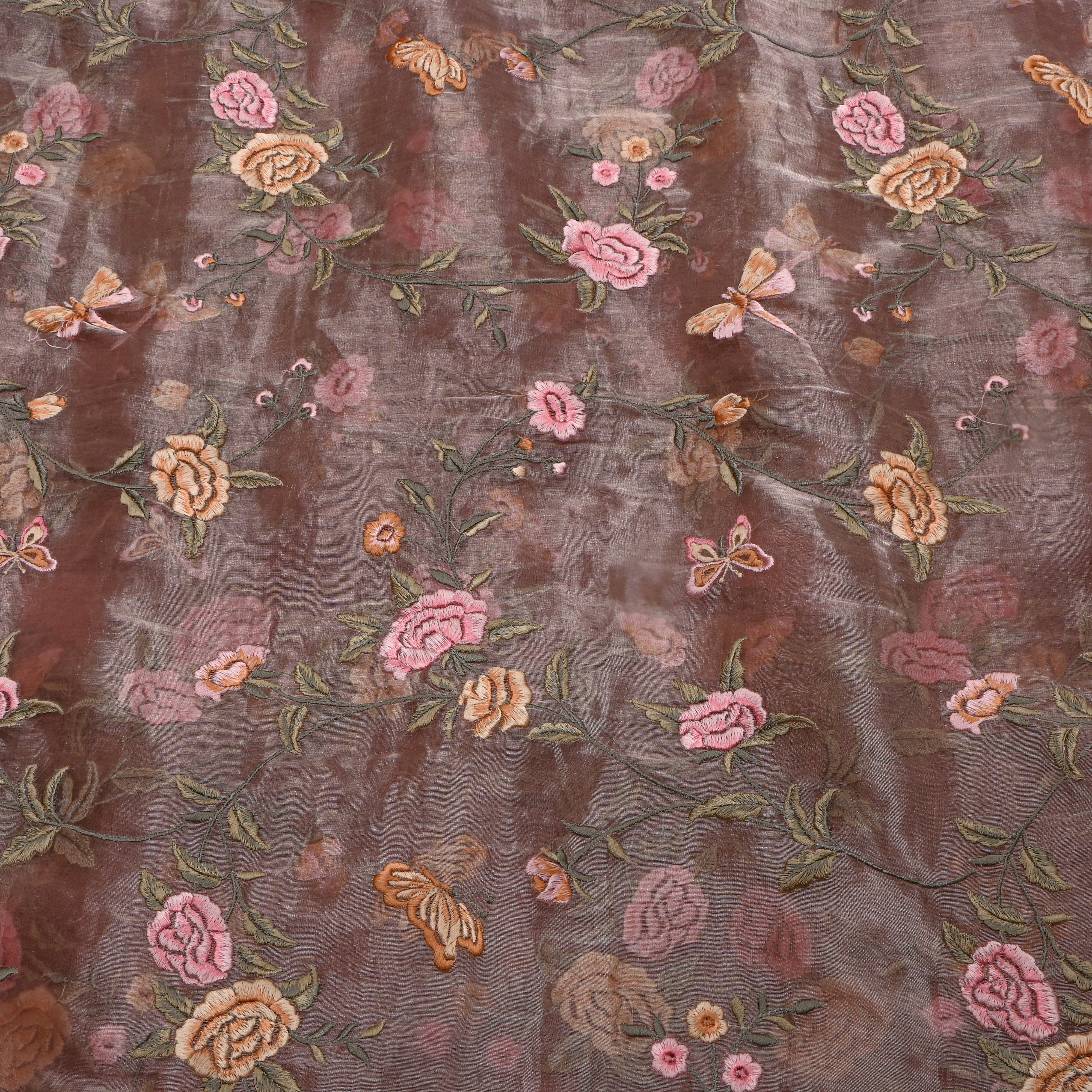 Brown Metallic Meenakari Floral Embroidered Tissue