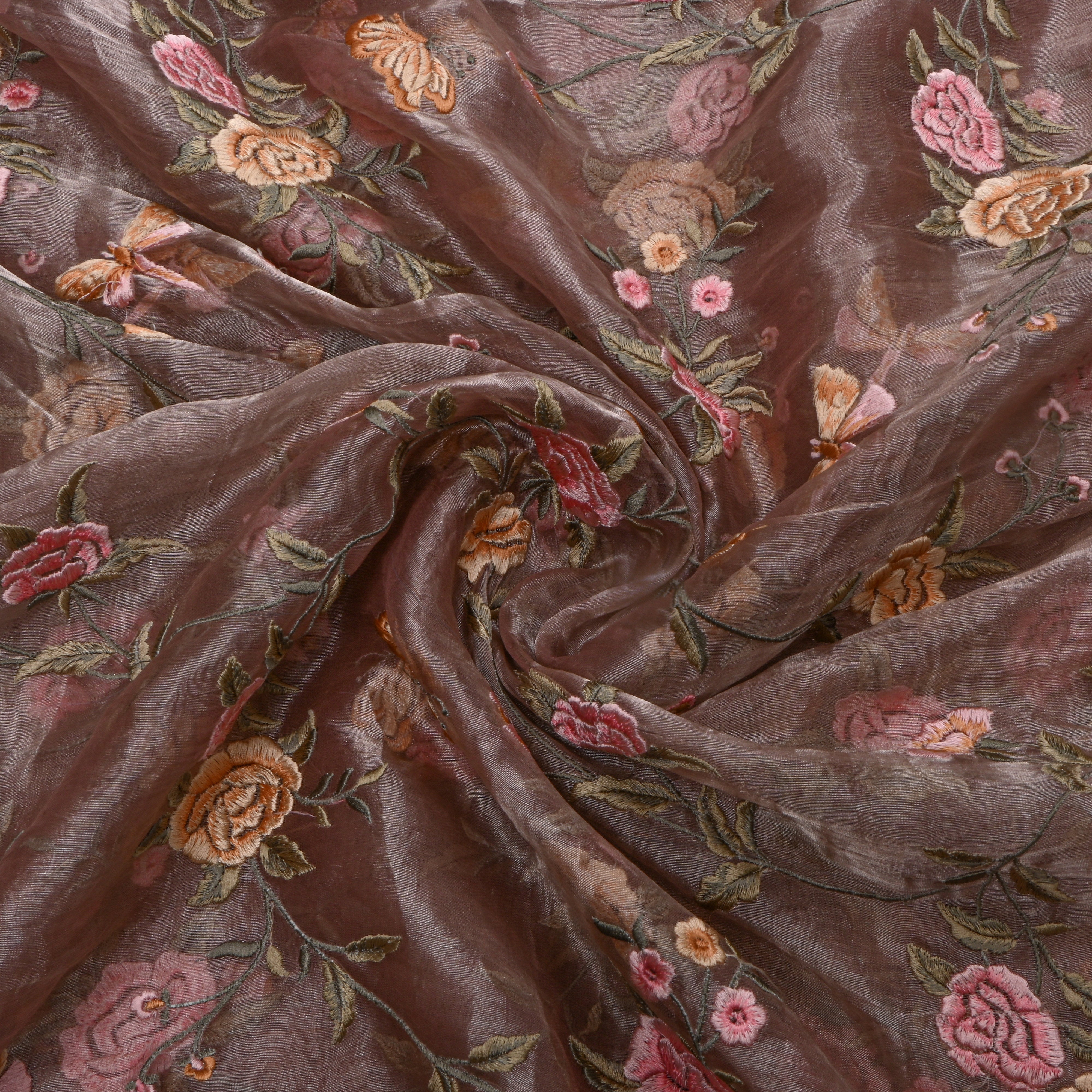 Brown Metallic Meenakari Floral Embroidered Tissue