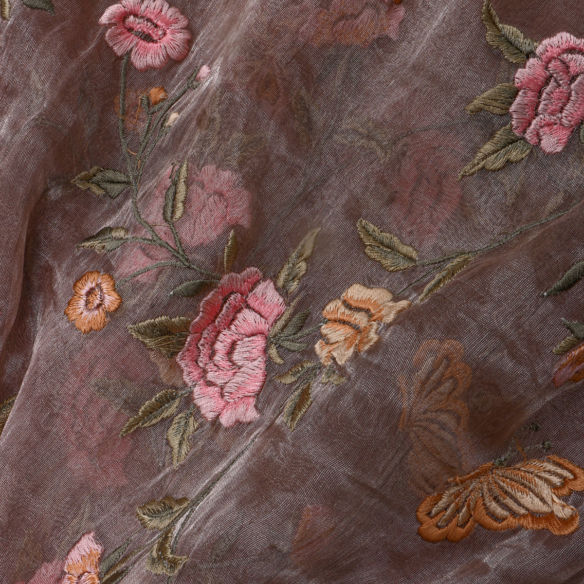 Brown Metallic Meenakari Floral Embroidered Tissue