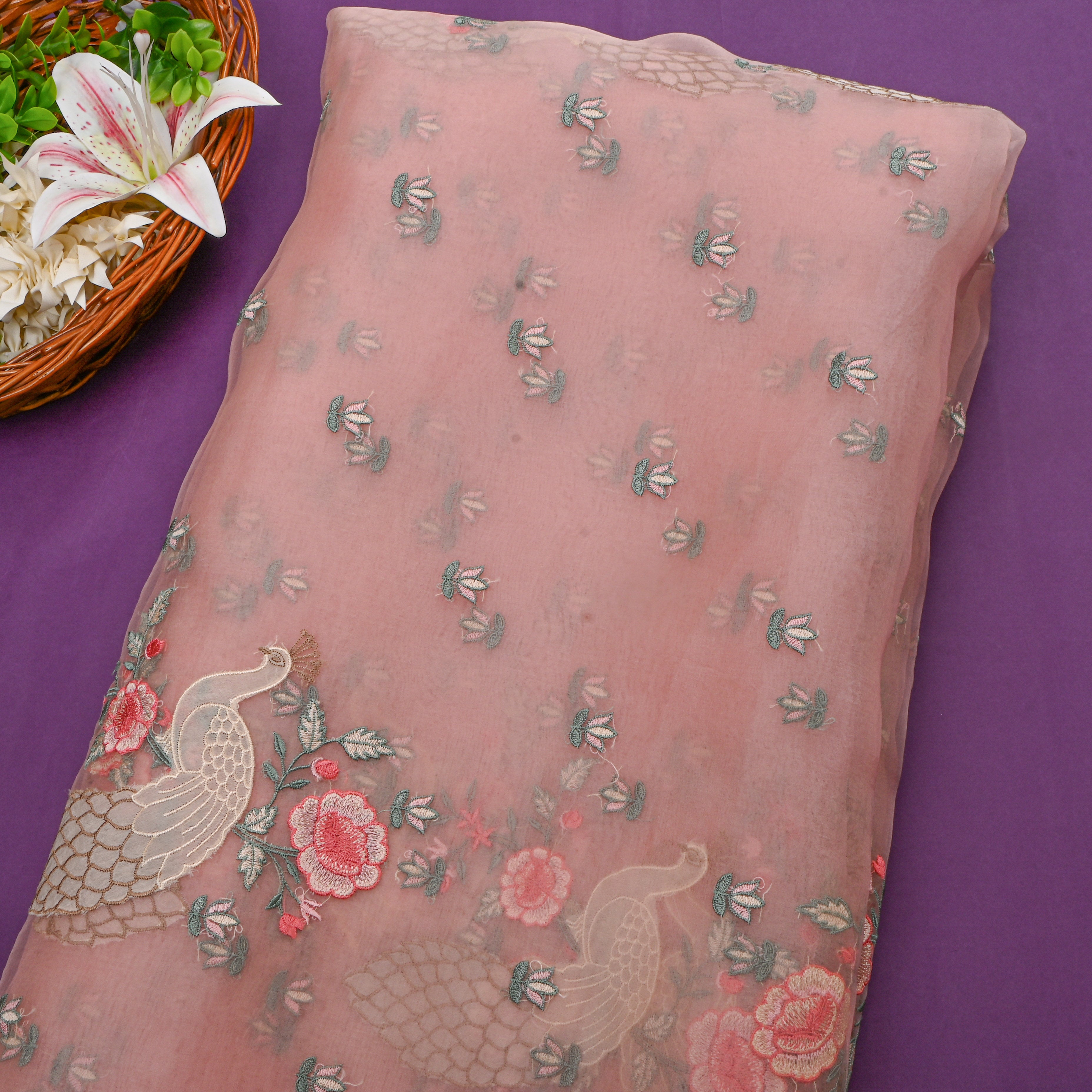 Soft Blush Pink Bird Motif Organza Fabric