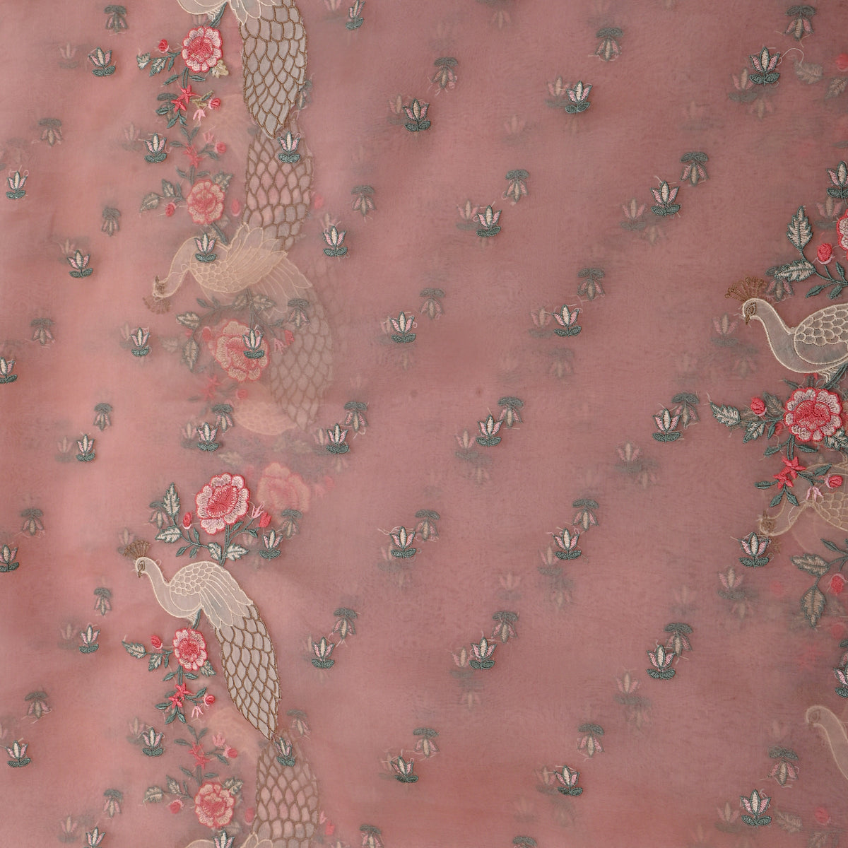Soft Blush Pink Bird Motif Organza Fabric