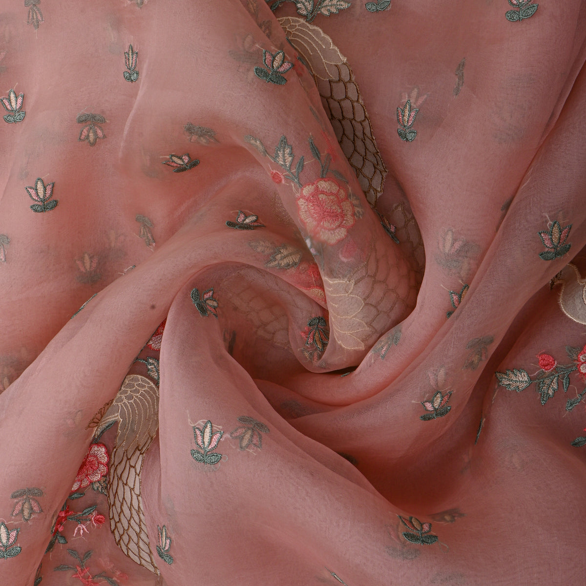 Soft Blush Pink Bird Motif Organza Fabric