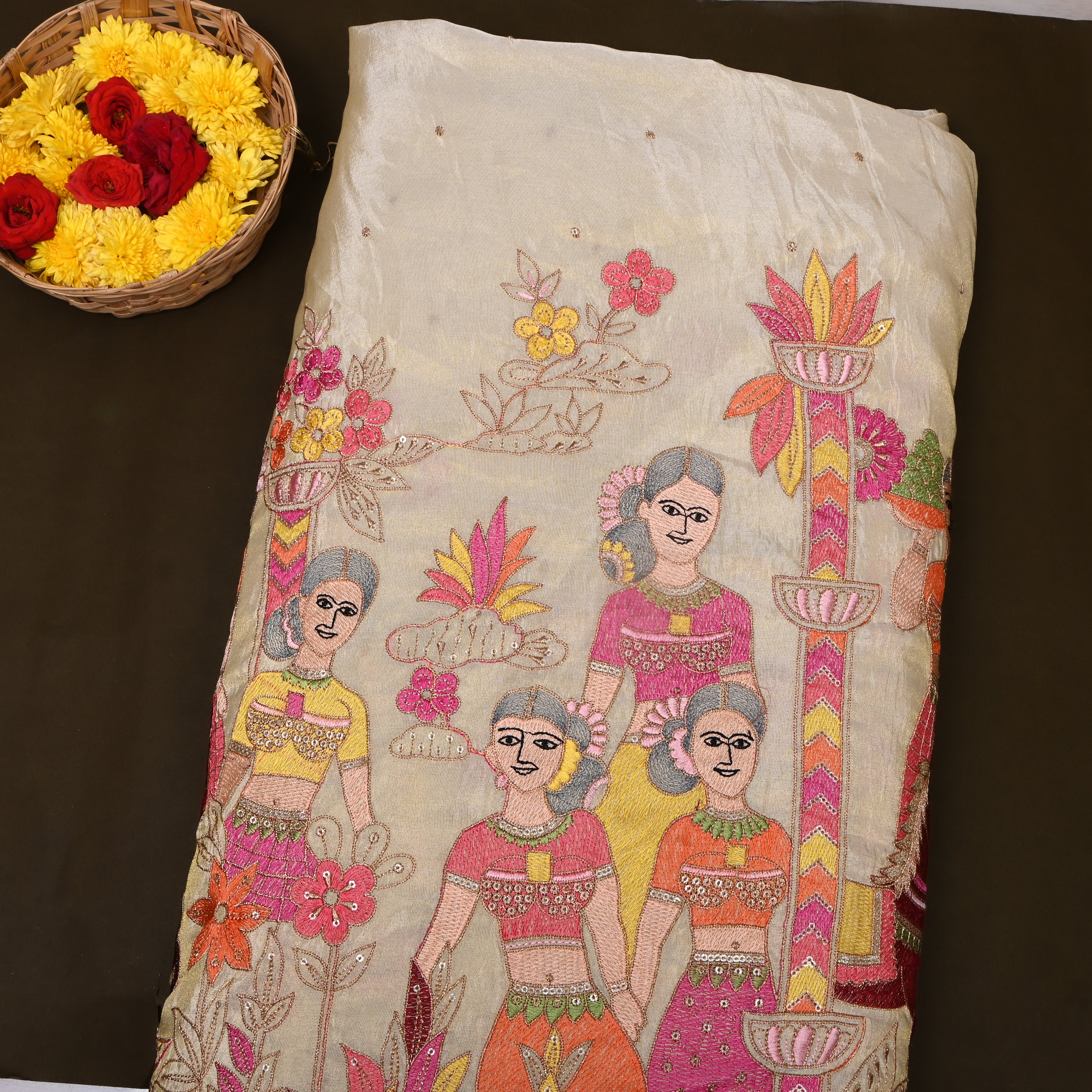 Beige Pichwai Figure Embroidery Tissue Fabric