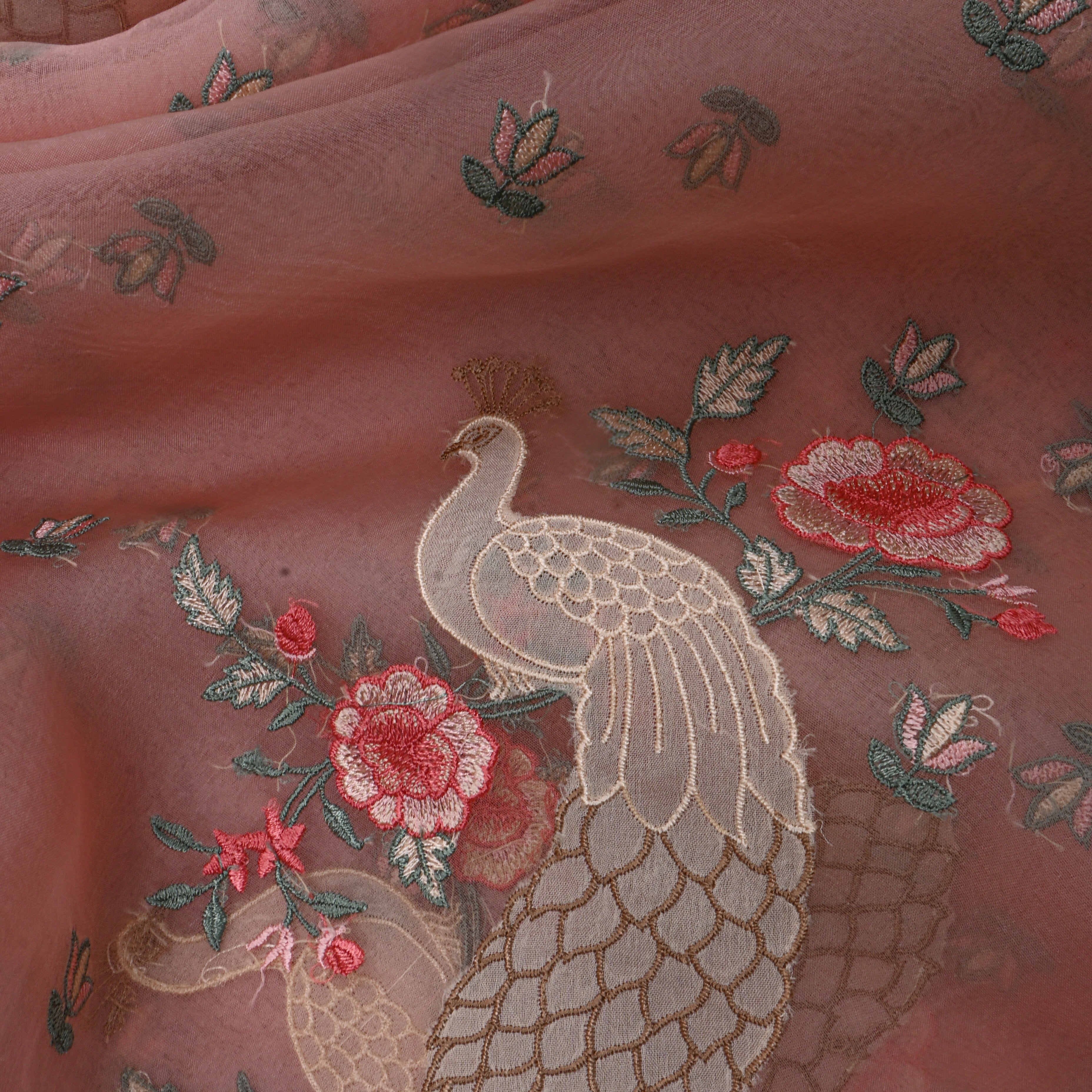 Soft Blush Pink Bird Motif Organza Fabric