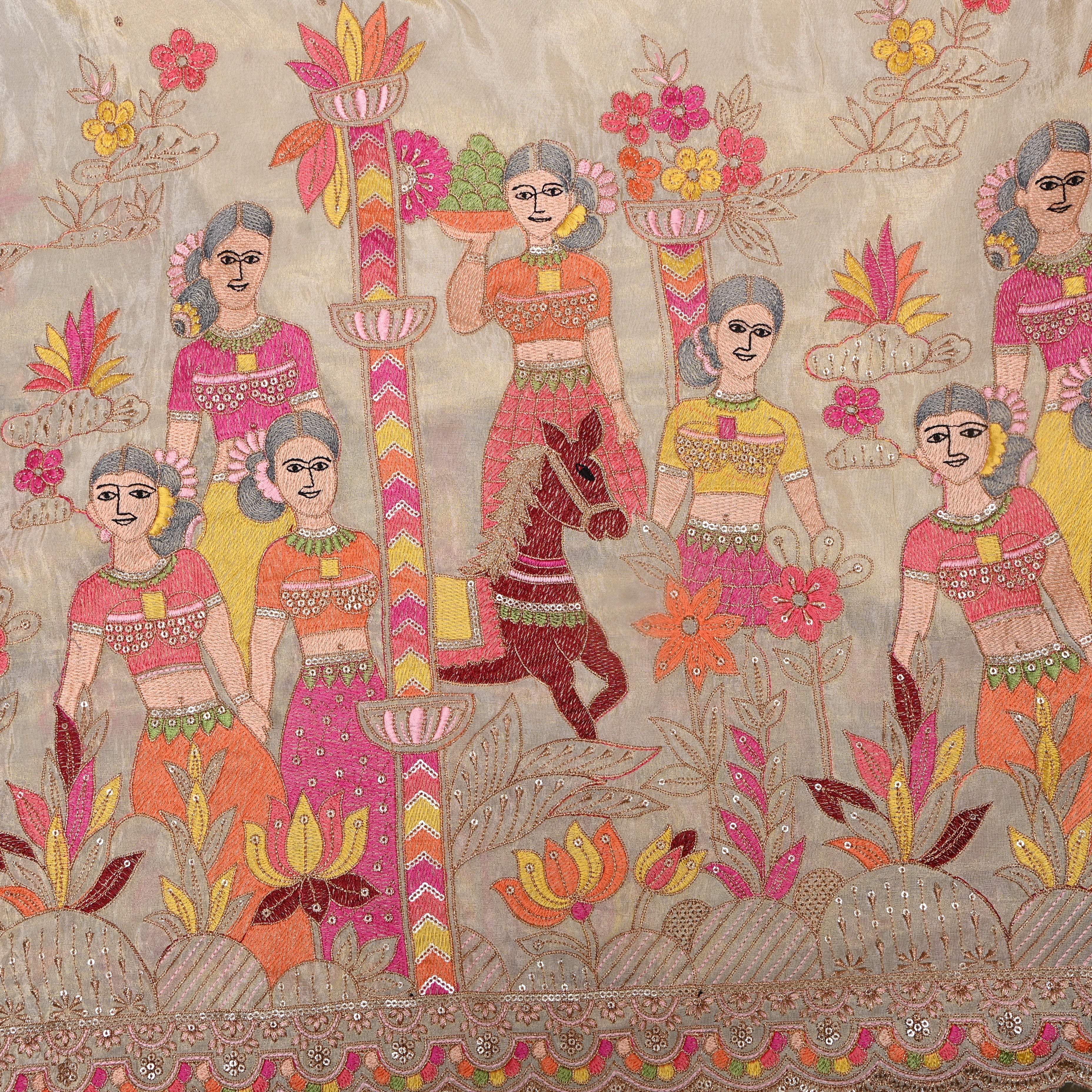 Beige Pichwai Figure Embroidery Tissue Fabric