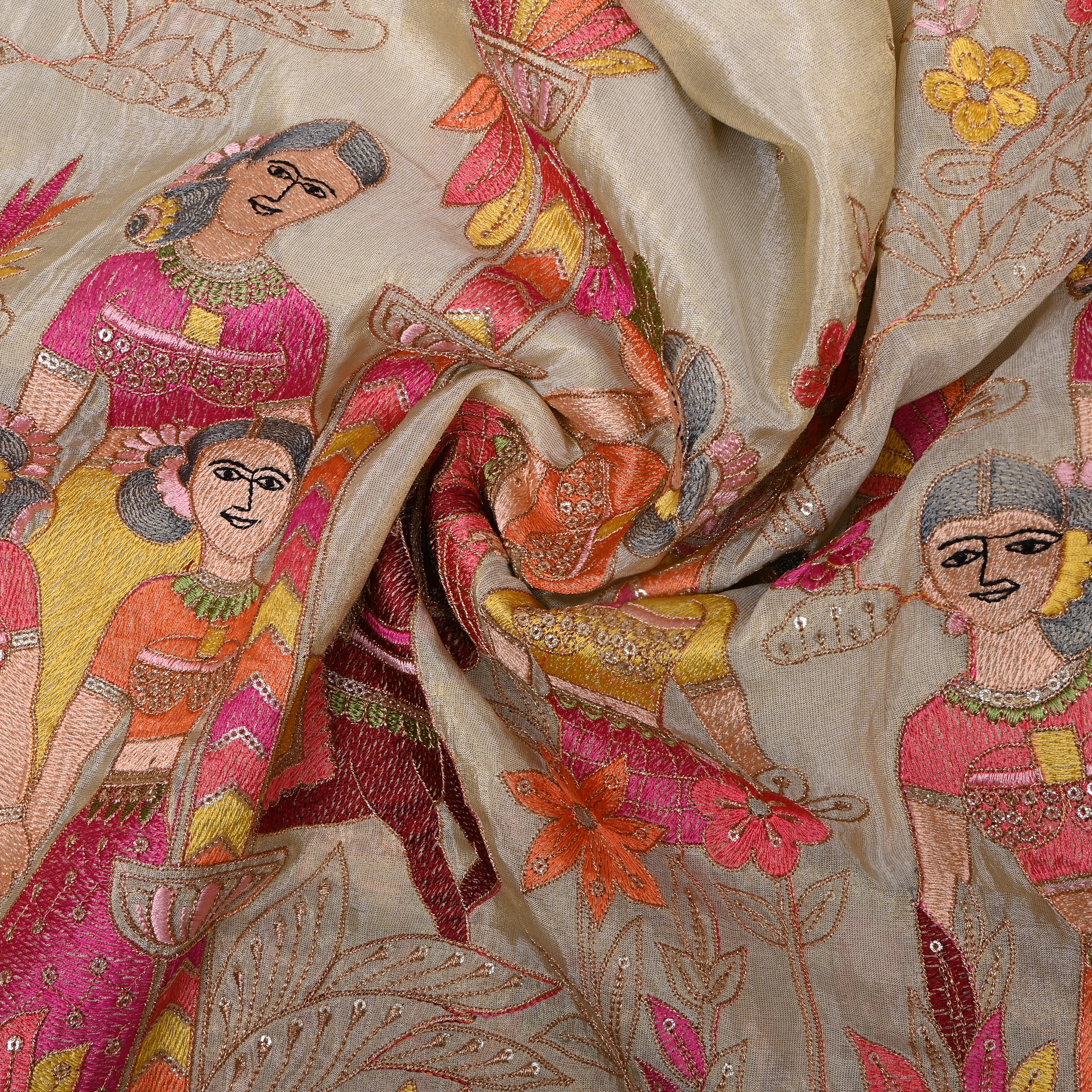 Beige Pichwai Figure Embroidery Tissue Fabric