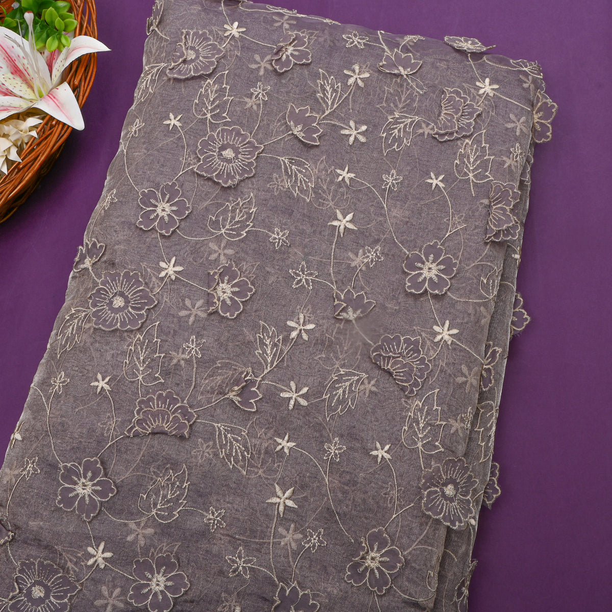 Purple Tissue Fabric With Gold Appliqué Jaal