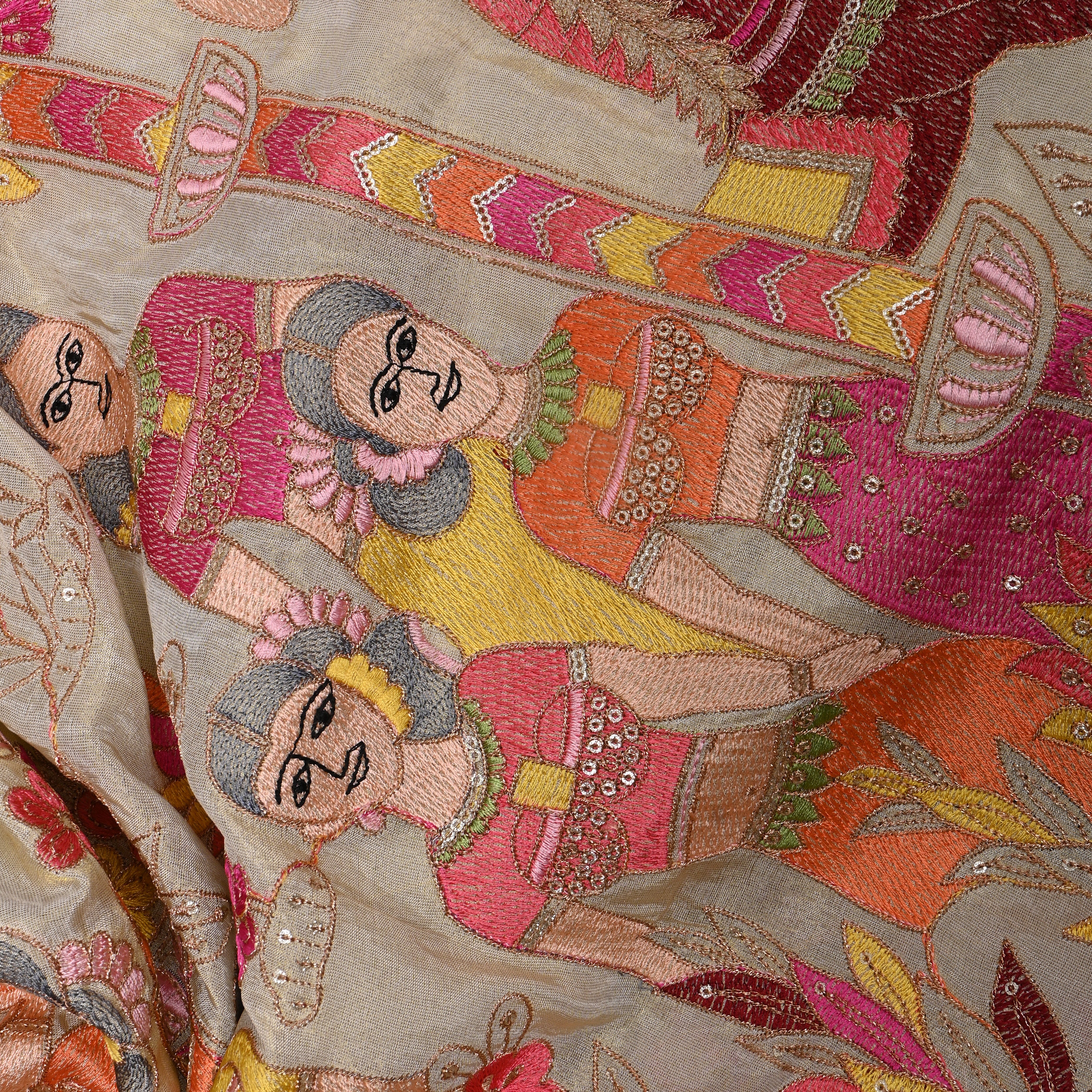 Beige Pichwai Figure Embroidery Tissue Fabric