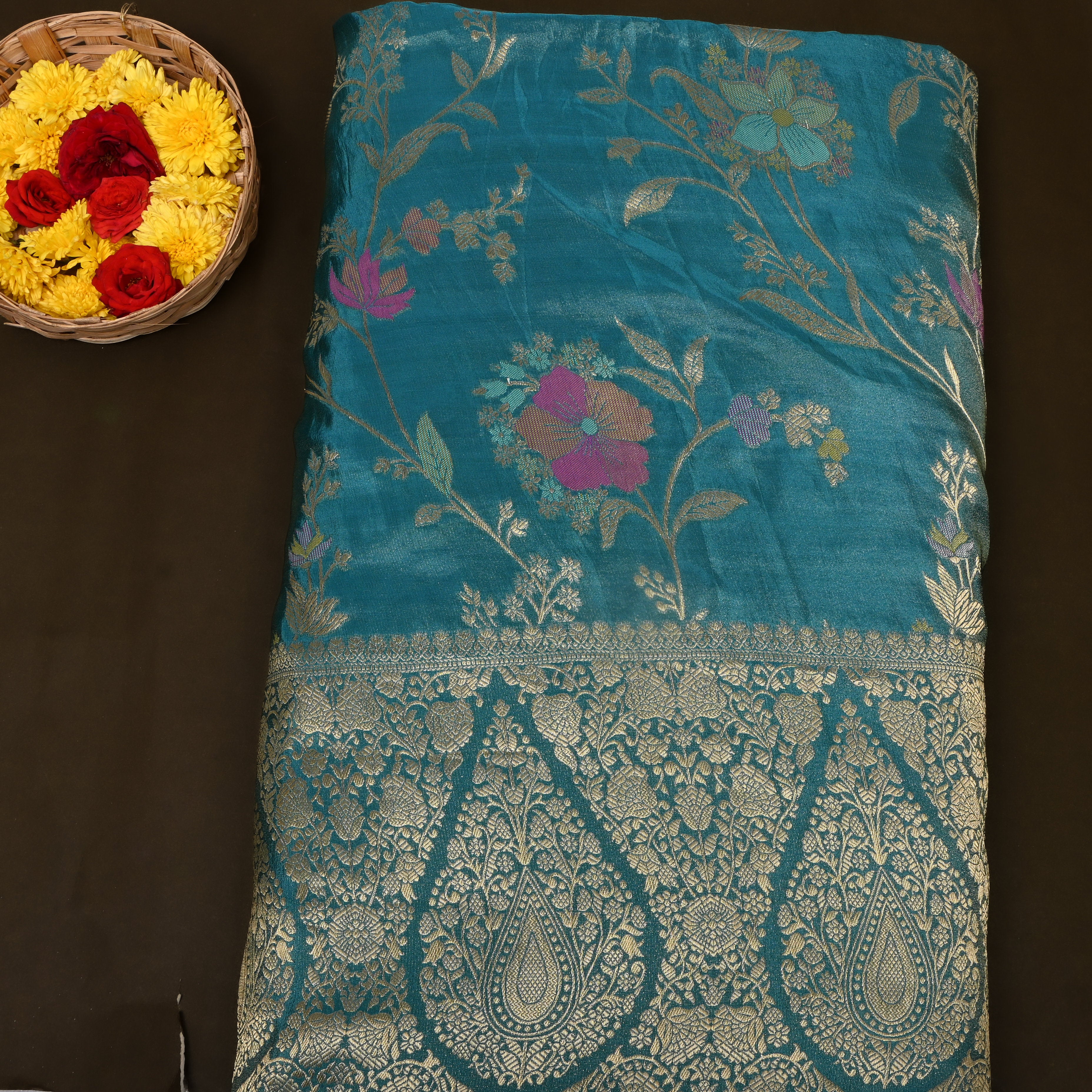 Deep Teal Golden Floral Jamawar Tissue
