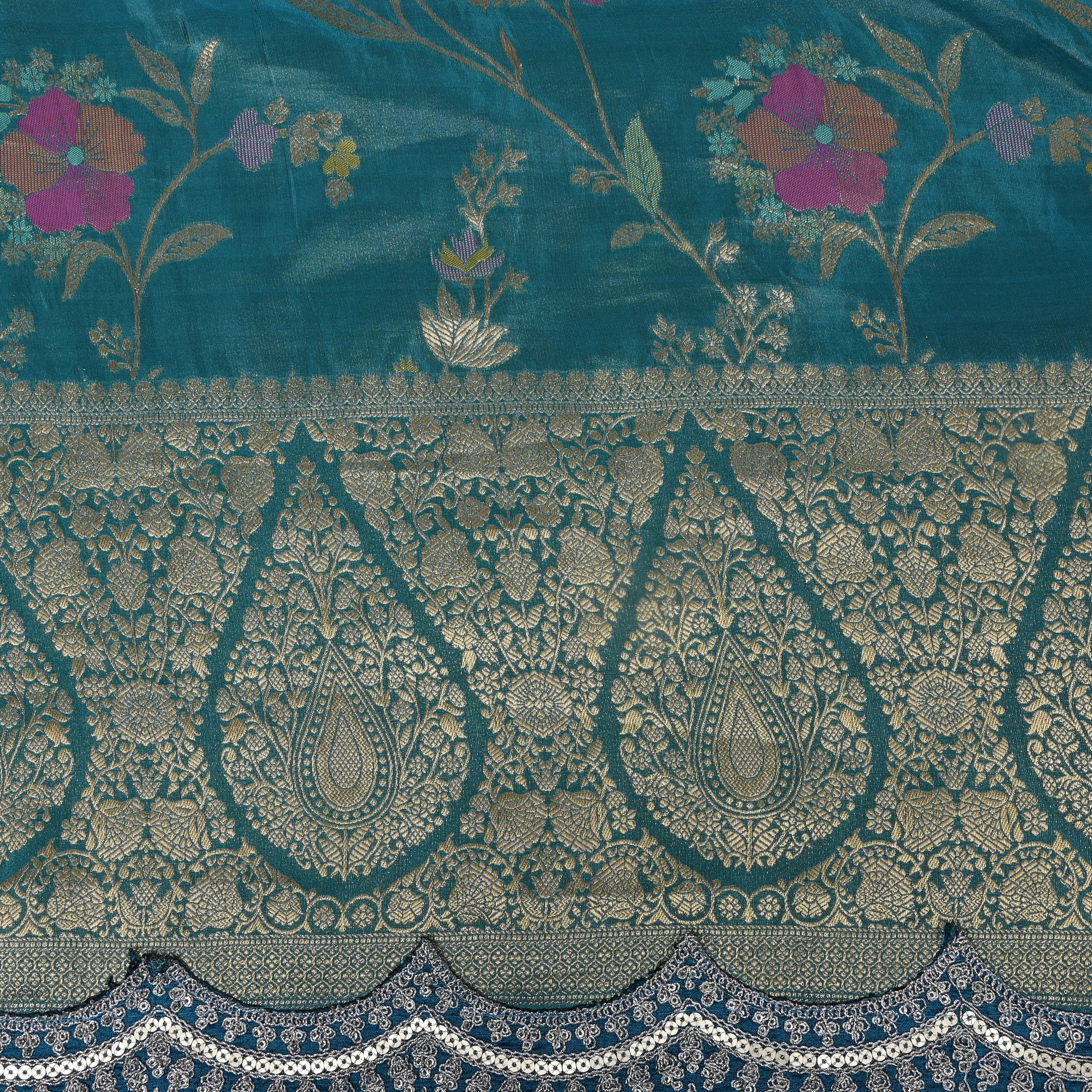 Deep Teal Golden Floral Jamawar Tissue