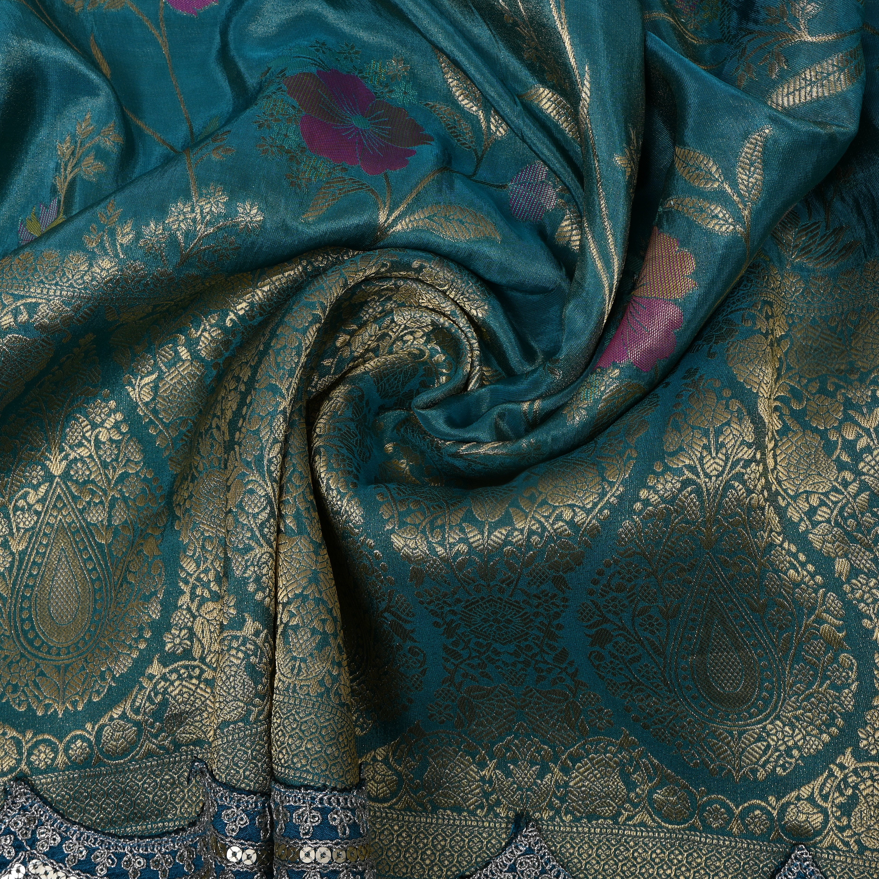 Deep Teal Golden Floral Jamawar Tissue