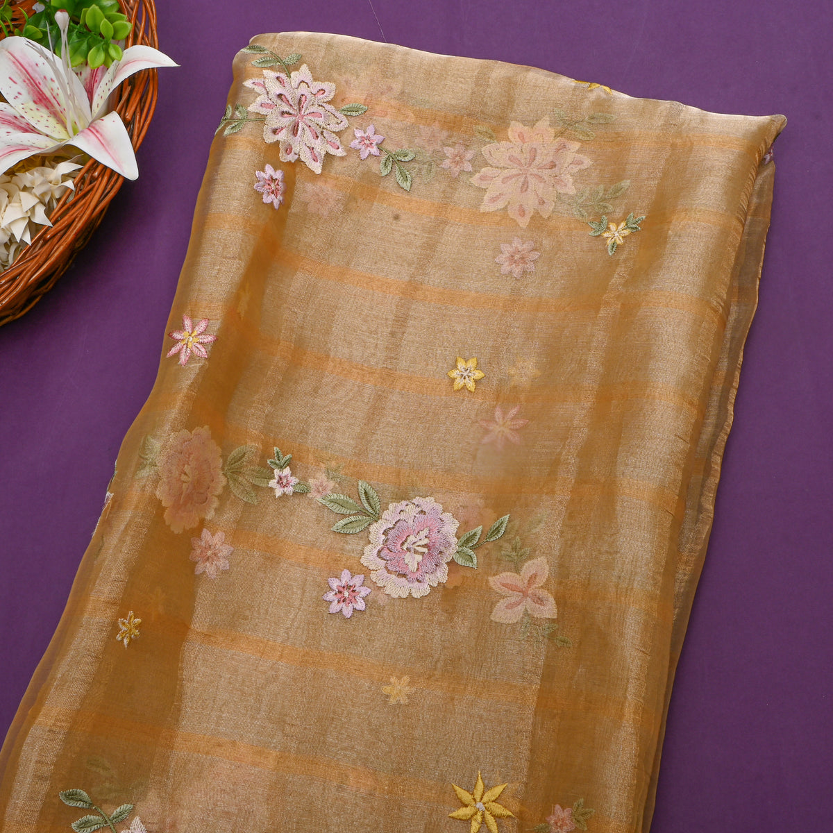 Coral Orange Tissue Fabric With Checks And Floral Embellishment