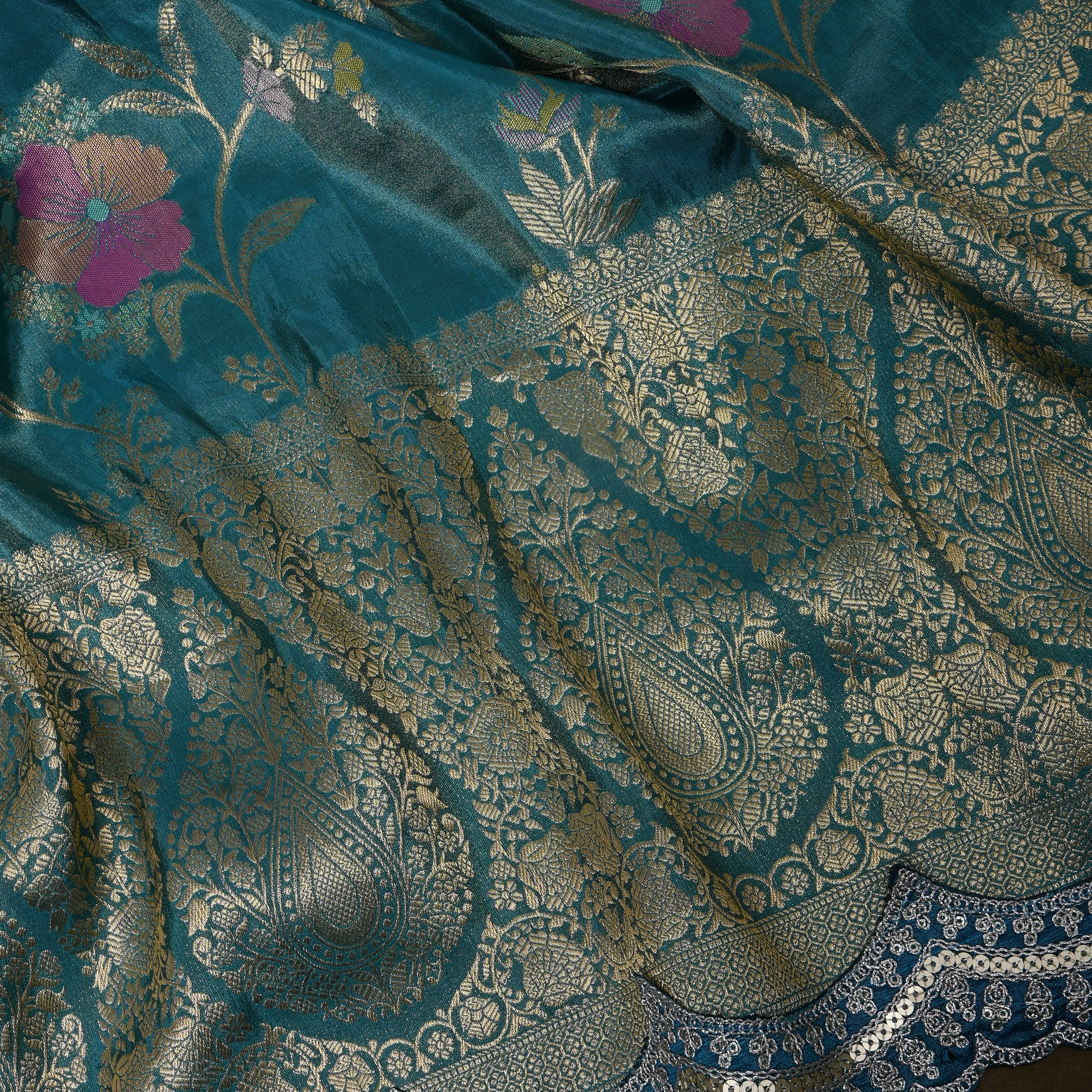 Deep Teal Golden Floral Jamawar Tissue