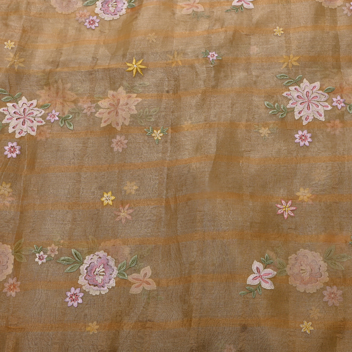 Coral Orange Tissue Fabric With Checks And Floral Embellishment