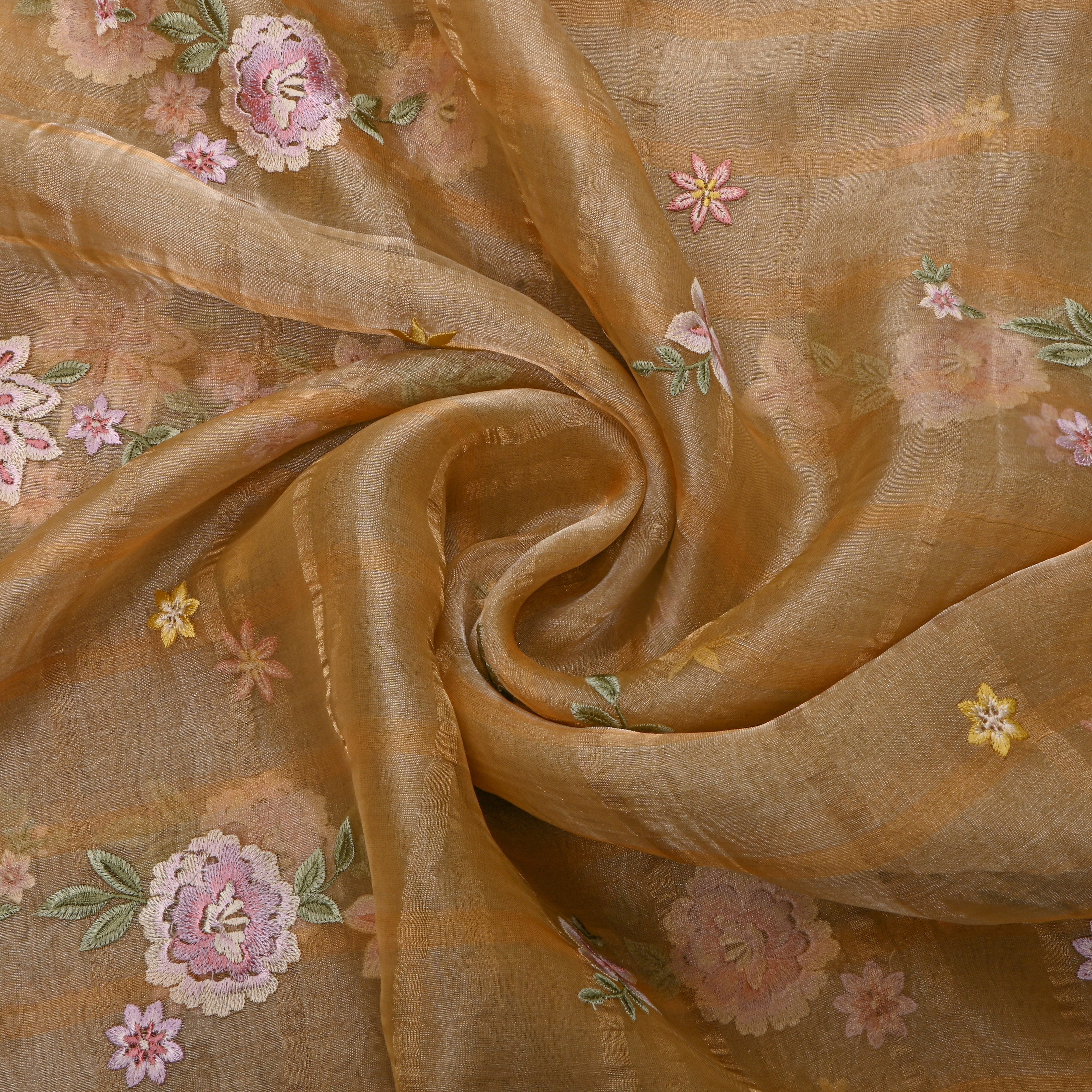 Coral Orange Tissue Fabric With Checks And Floral Embellishment