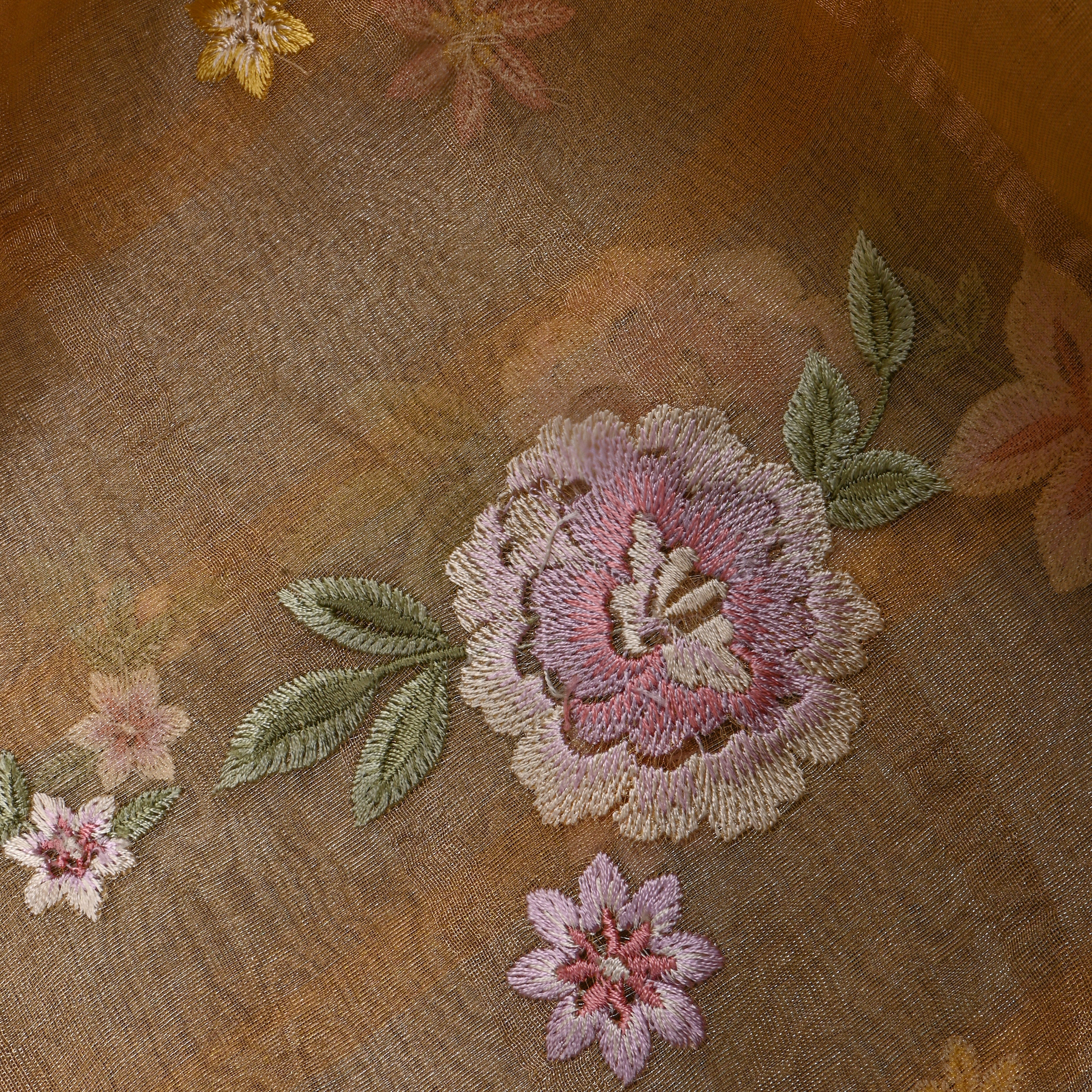 Coral Orange Tissue Fabric With Checks And Floral Embellishment