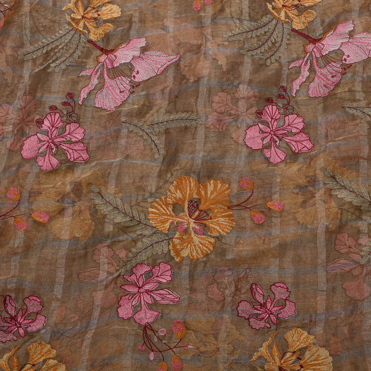 Brown Pink Orange Floral Thread Work Tissue Fabric