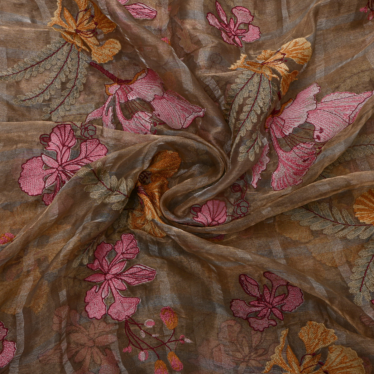 Brown Pink Orange Floral Thread Work Tissue Fabric